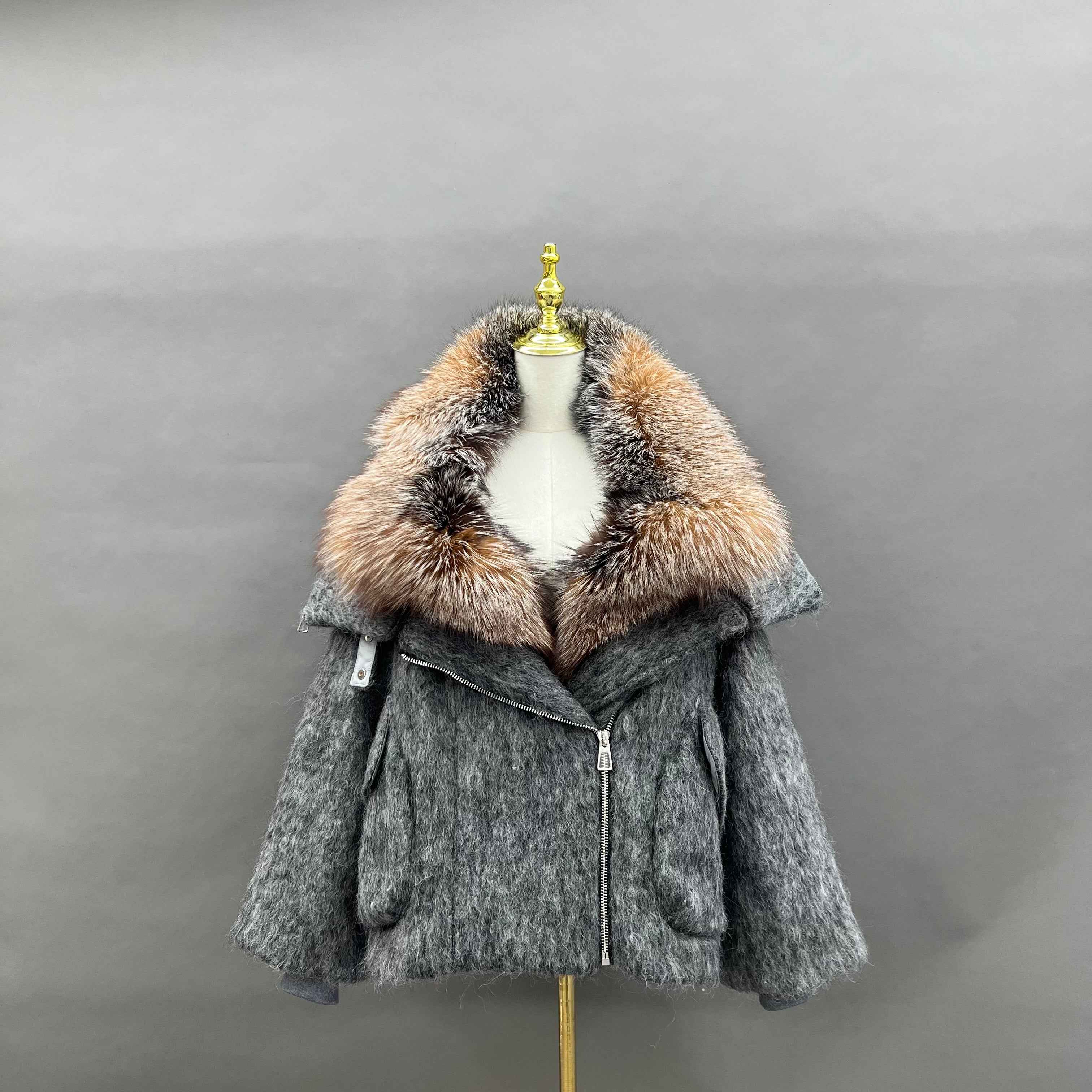 Women's Down Jacket with Asymmetrical Zipper and Golden Island Fox Fur Collar Light Dark