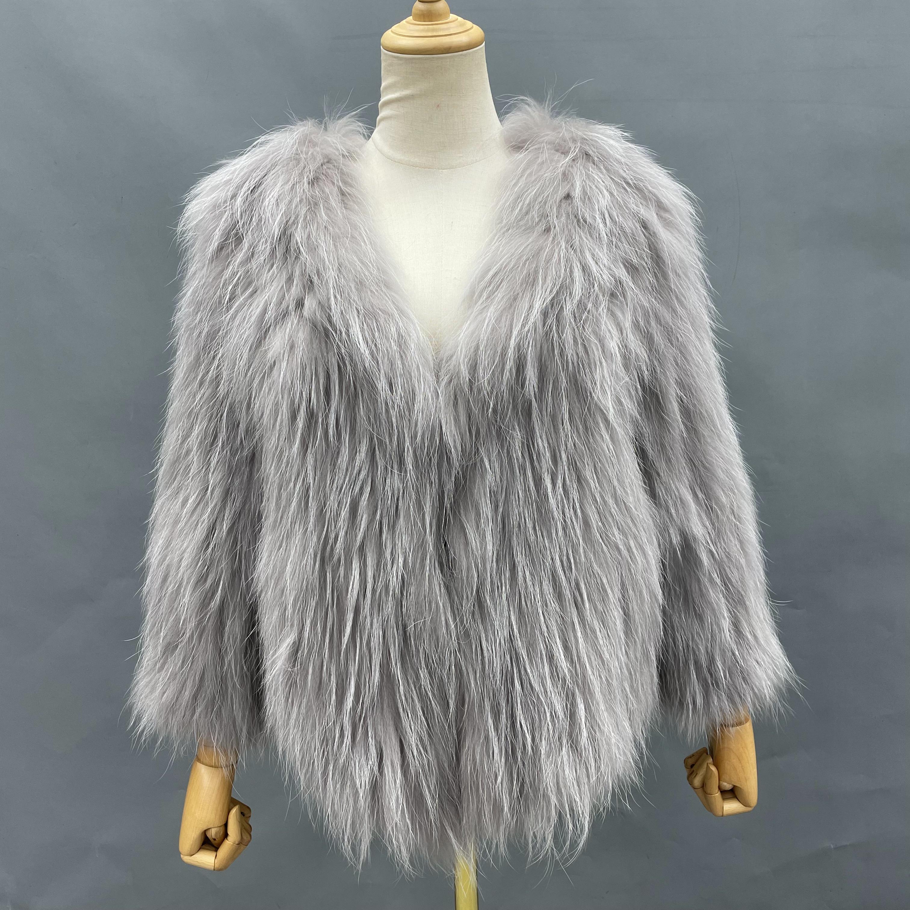 Women's Luxurious Raccoon Dog Fur Knitted Coat with V-Neck - Winter Fashion Outerwear