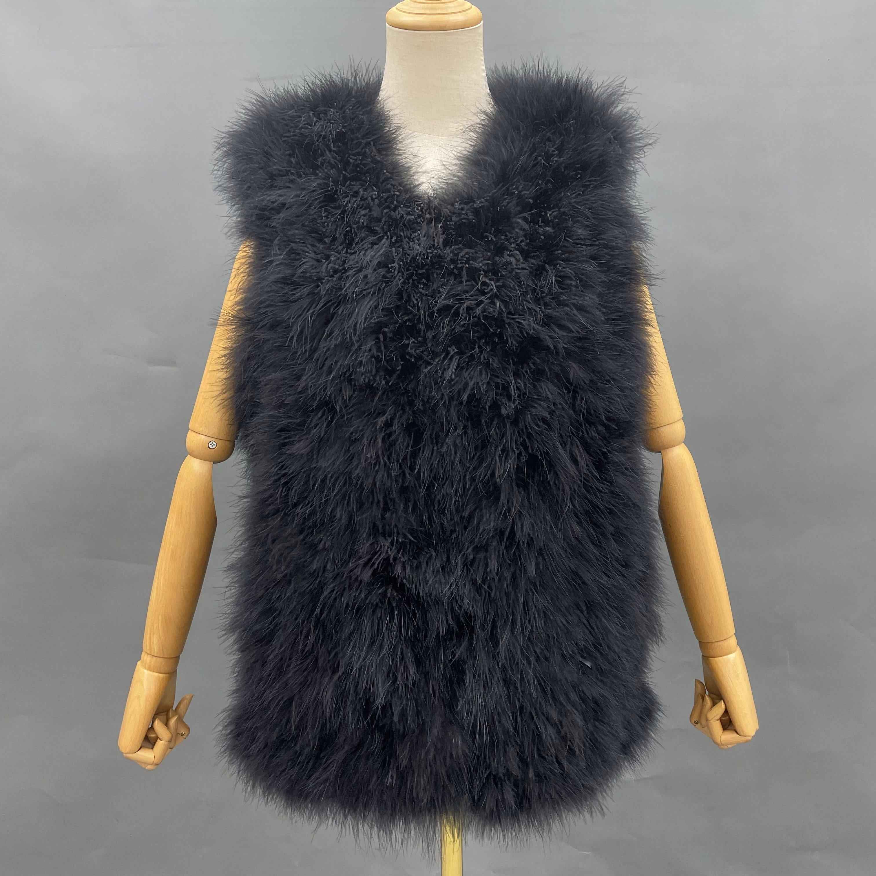Small V-Neck Solid Color Turkey Feather Vest - Glamorous Luxury Statement Outerwear for Party & Stylish Ensembles Black