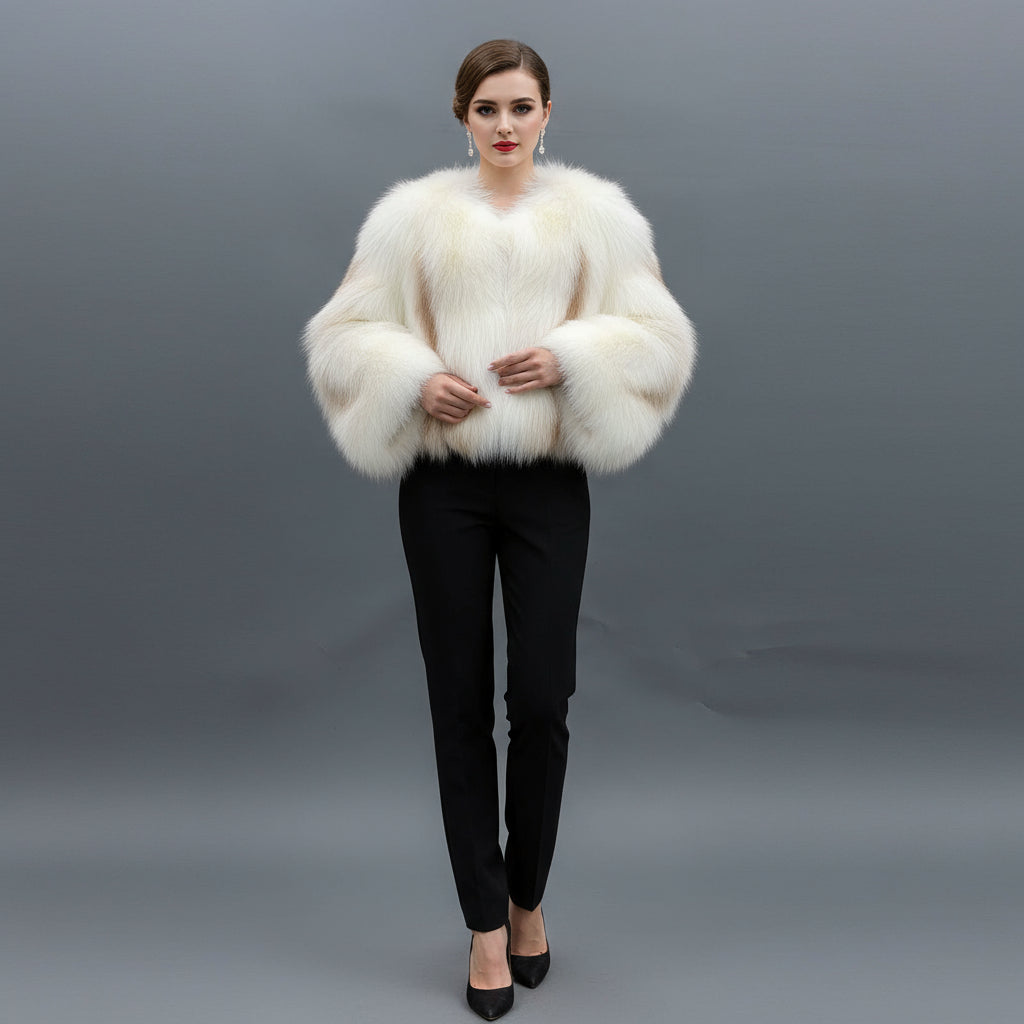 Women's Luxury Full-Skin Fox Fur Cropped Jacket - Textured Design Winter Fashion Elegant Warm Outerwear White Golden