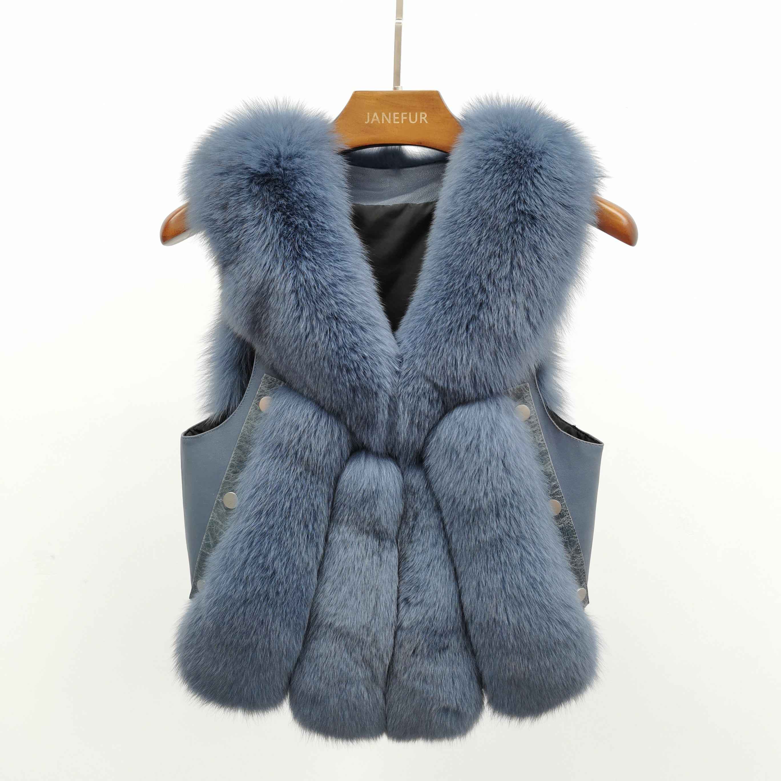 Women's V-Neck Fox Fur Vest - Cozy Warm Comfortable Outerwear Blue