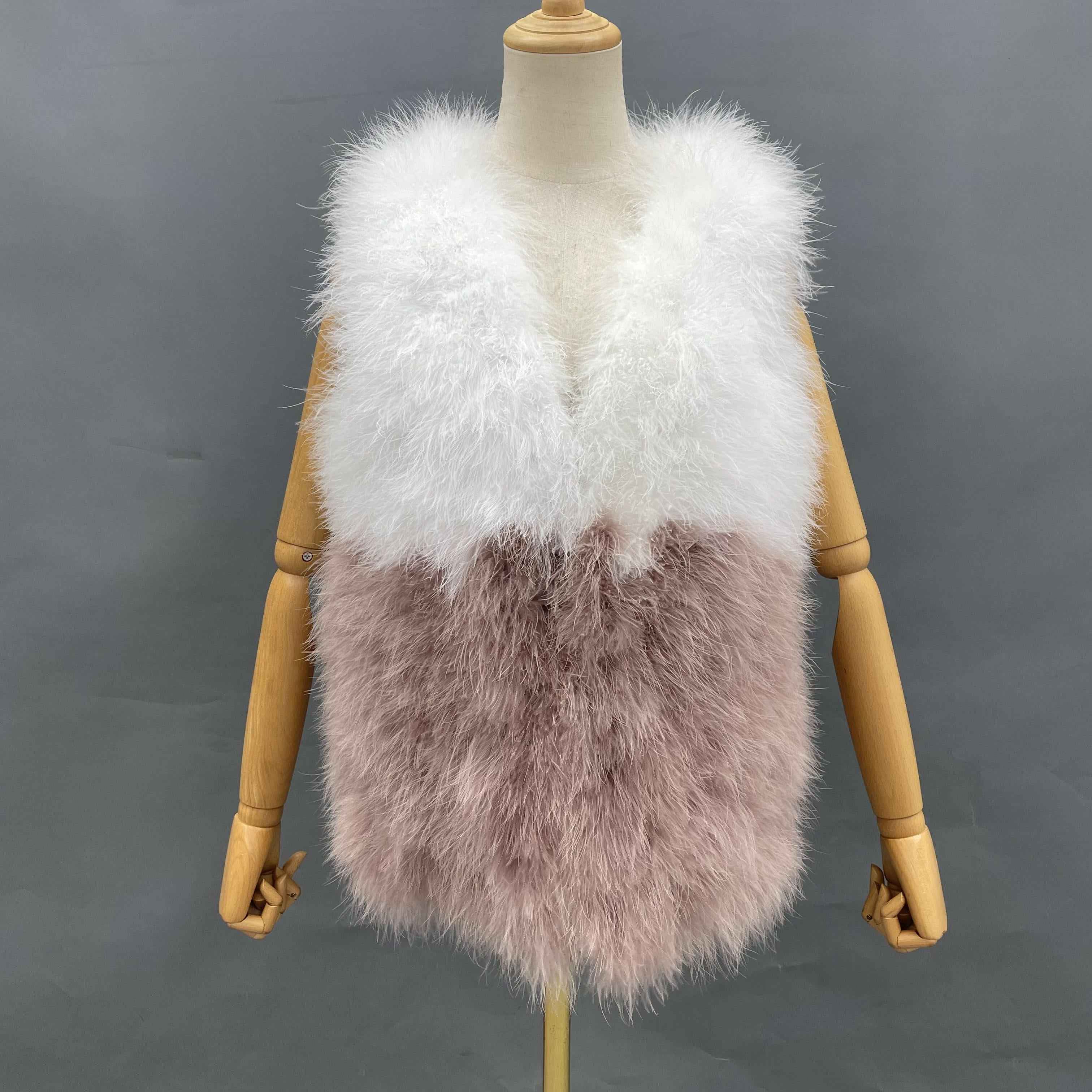 Color-Blocked V-Neck Turkey Feather Vest - Glamorous Statement Outerwear for Party & Evening Occasions Pink