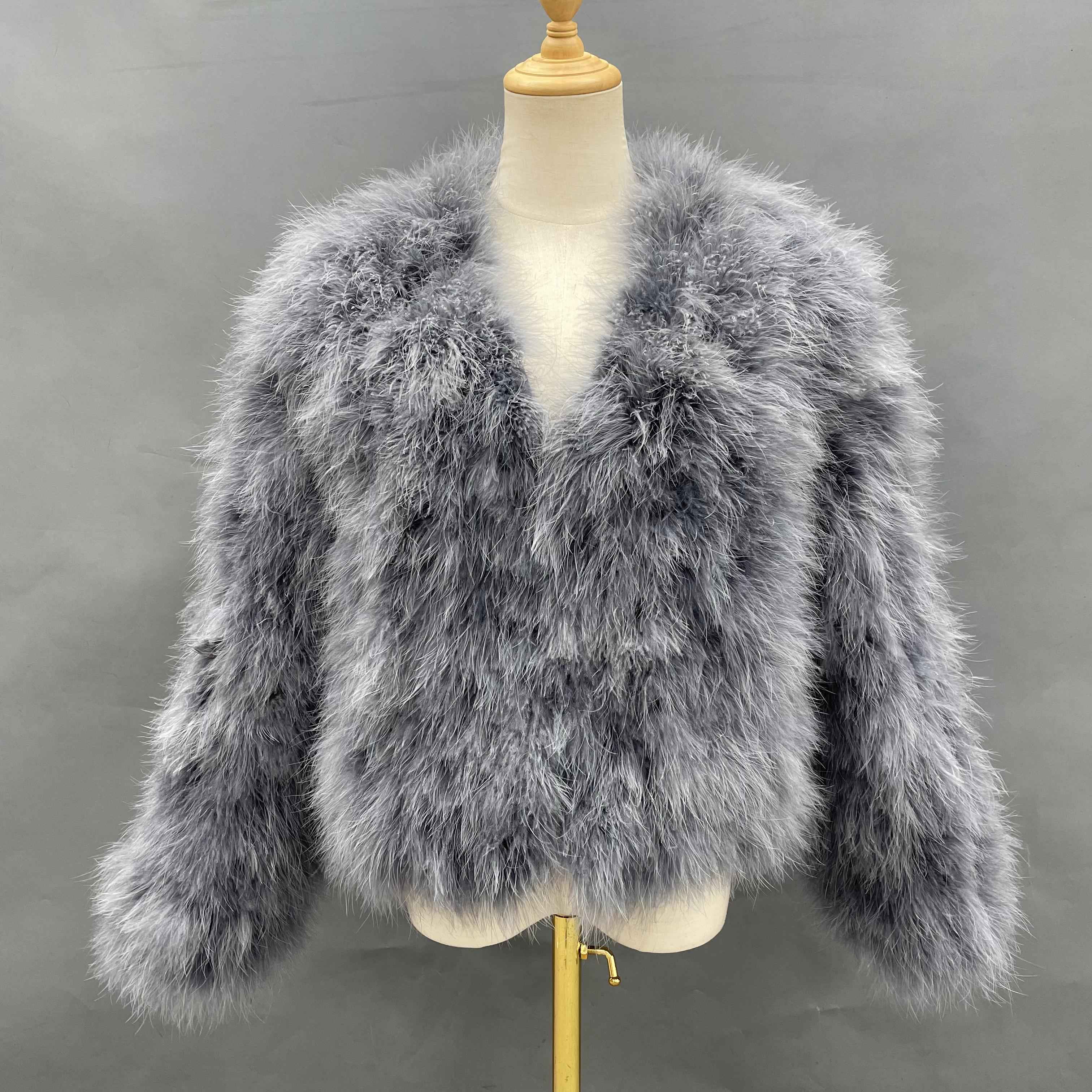 Ostrich Feather V-Neck Party Jacket - Glamorous Statement Outerwear for Luxe Occasions Grey