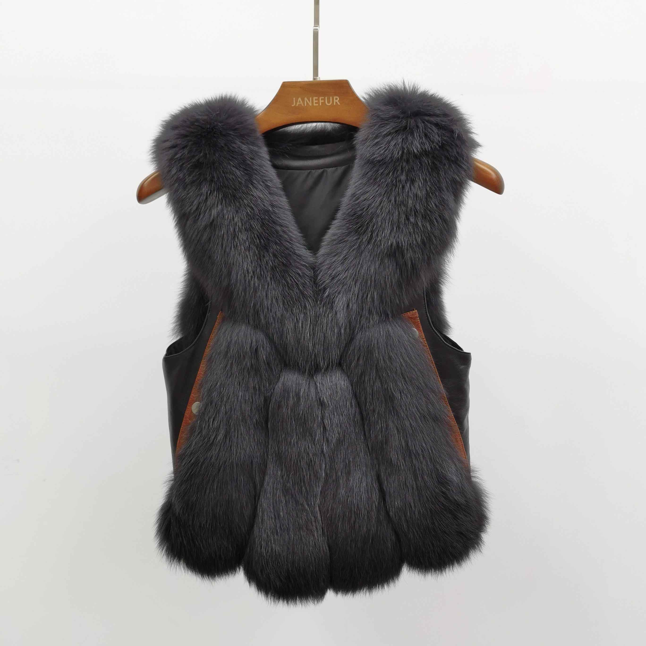 Women's V-Neck Fox Fur Vest - Cozy Warm Comfortable Outerwear Black