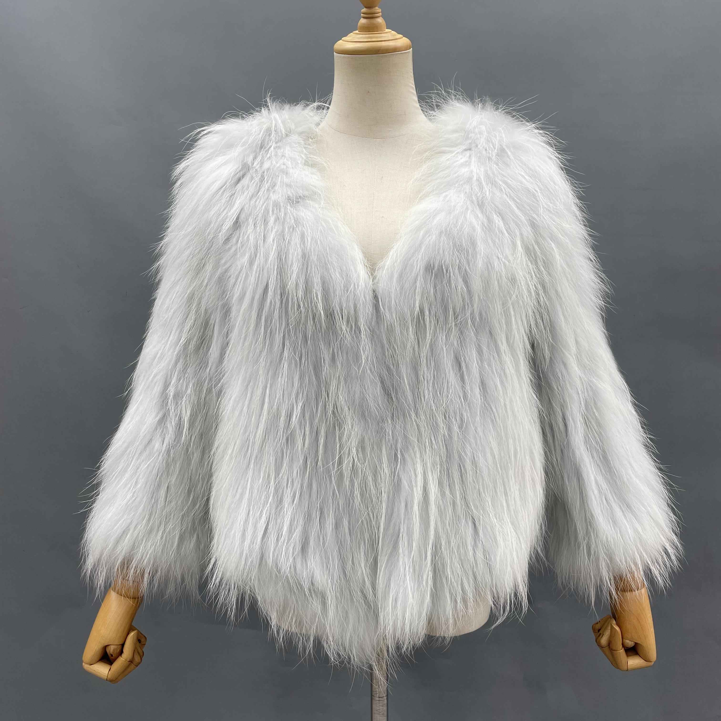 Women's Luxurious Raccoon Dog Fur Knitted Coat with V-Neck - Winter Fashion Outerwear
