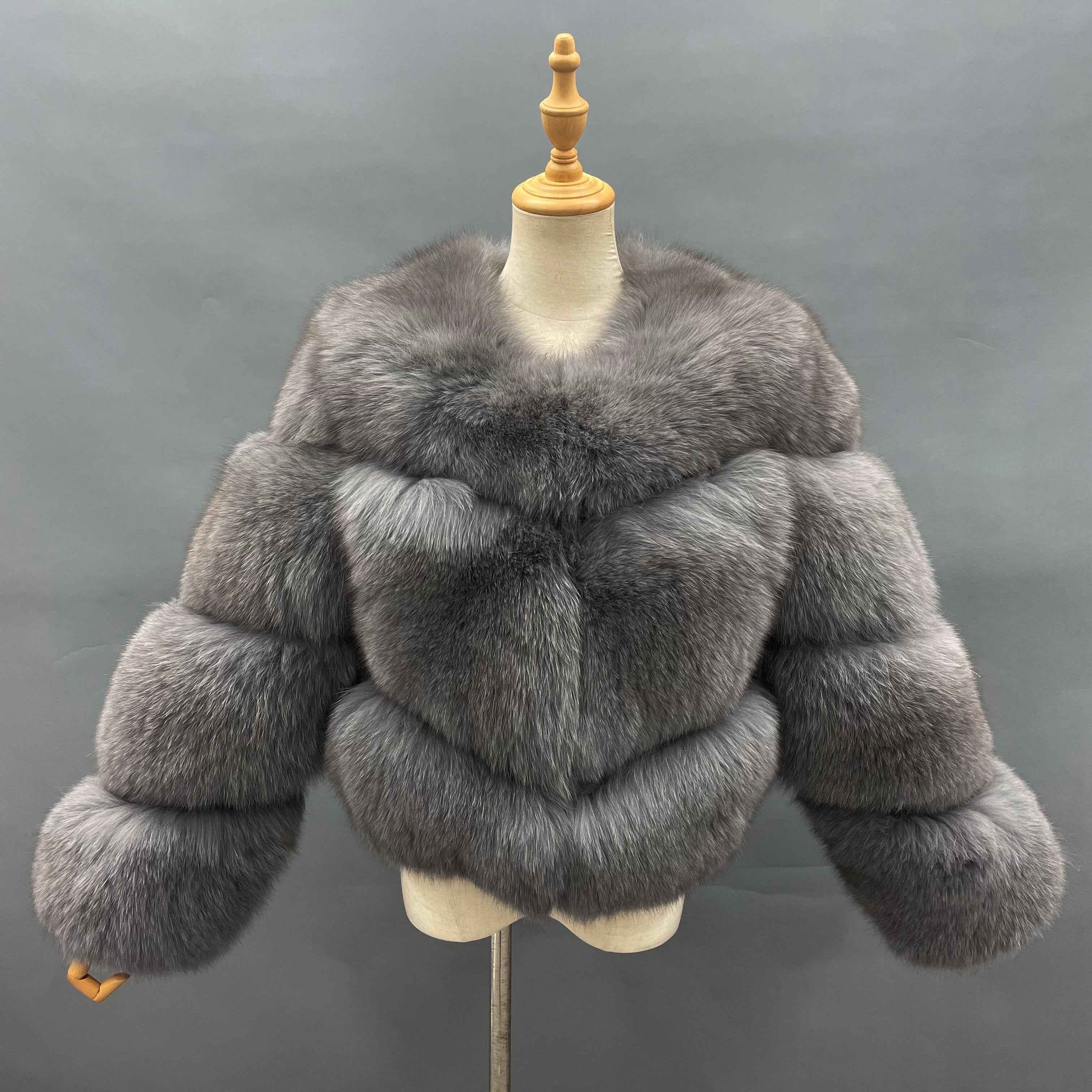 Women's Luxury Black Fox Fur Cropped Jacket - 3-Panel Small V-Neck Winter Fashion Warm Outerwear Grey