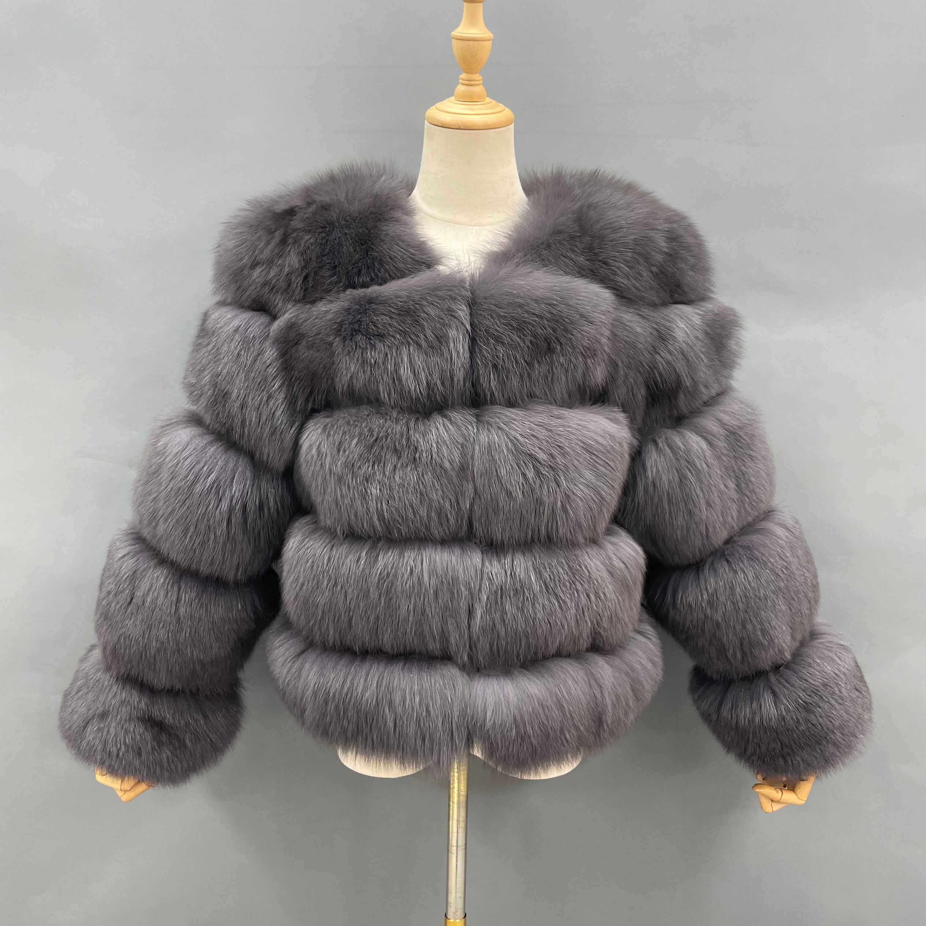 Women's Luxury Fox Fur V-Neck Cropped Jacket - Layered Design Winter Warm Fashion Outerwear