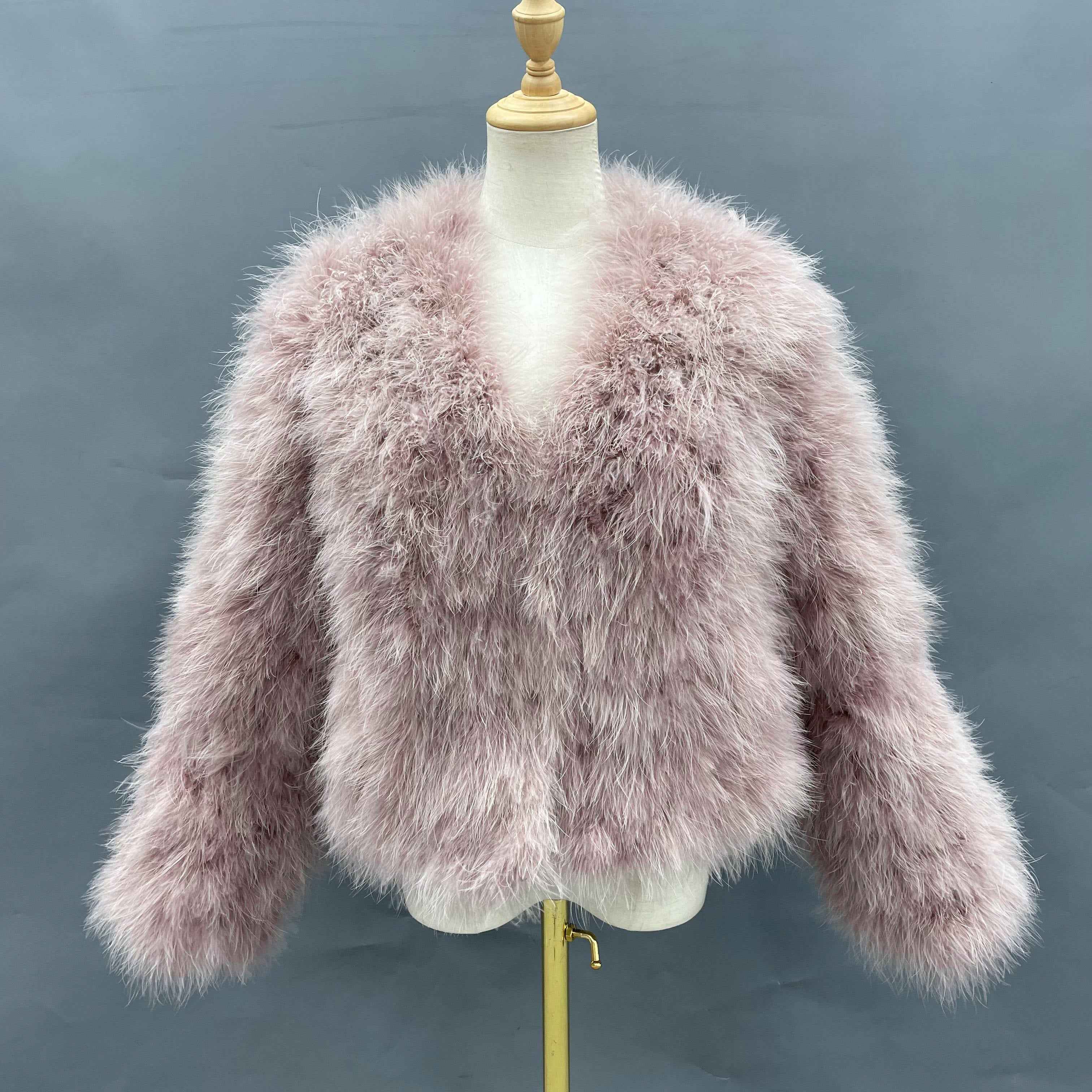 Ostrich Feather V-Neck Party Jacket - Glamorous Statement Outerwear for Luxe Occasions Pink