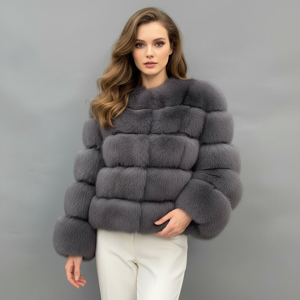 Women's Luxury Fox Fur V-Neck Cropped Jacket - Layered Design Winter Warm Fashion Outerwear Light Black