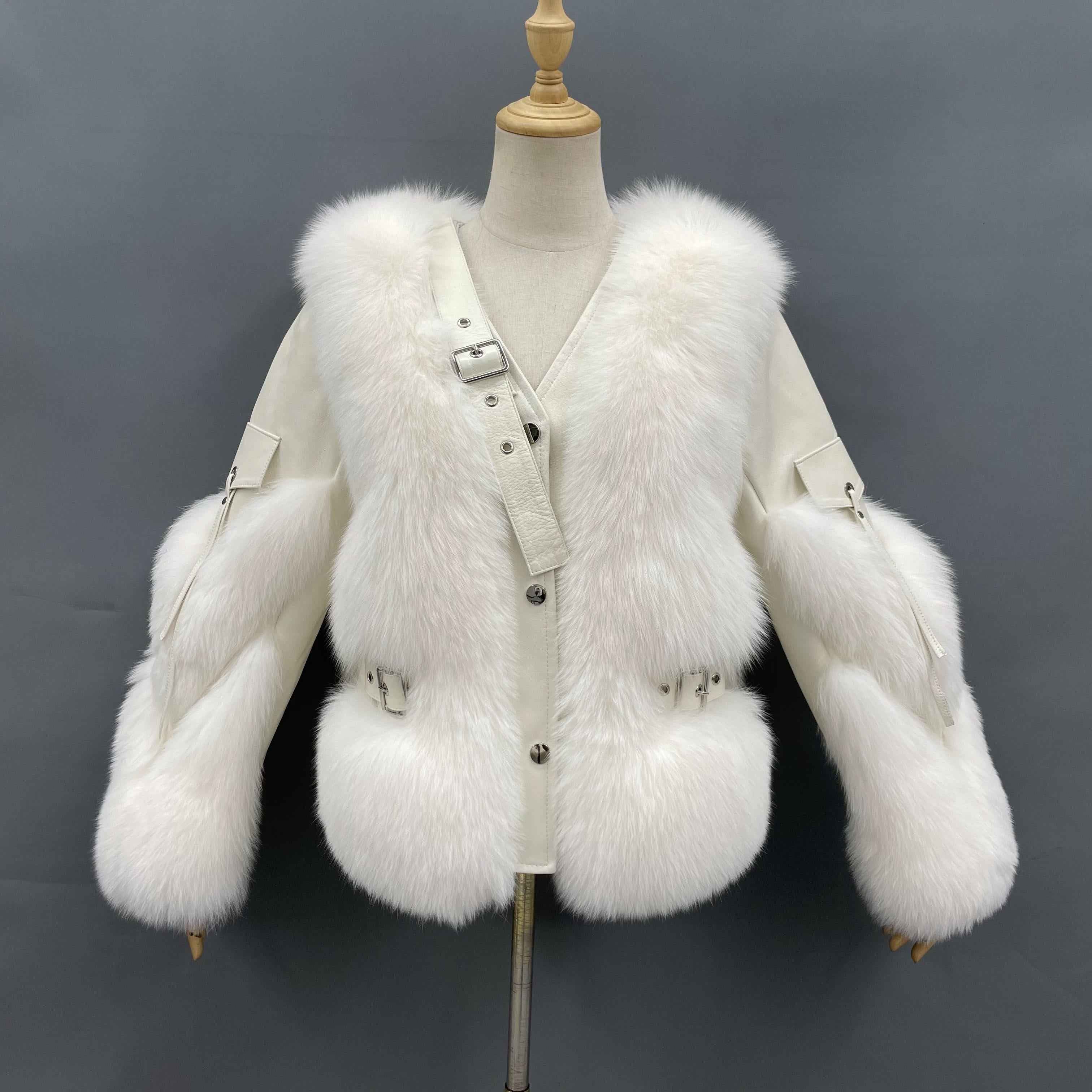 Women's Luxury Fox Fur V-Neck Cropped Jacket with Decorative Leather Strap & Leather Patchwork - Winter Fashion Warm Outerwear White