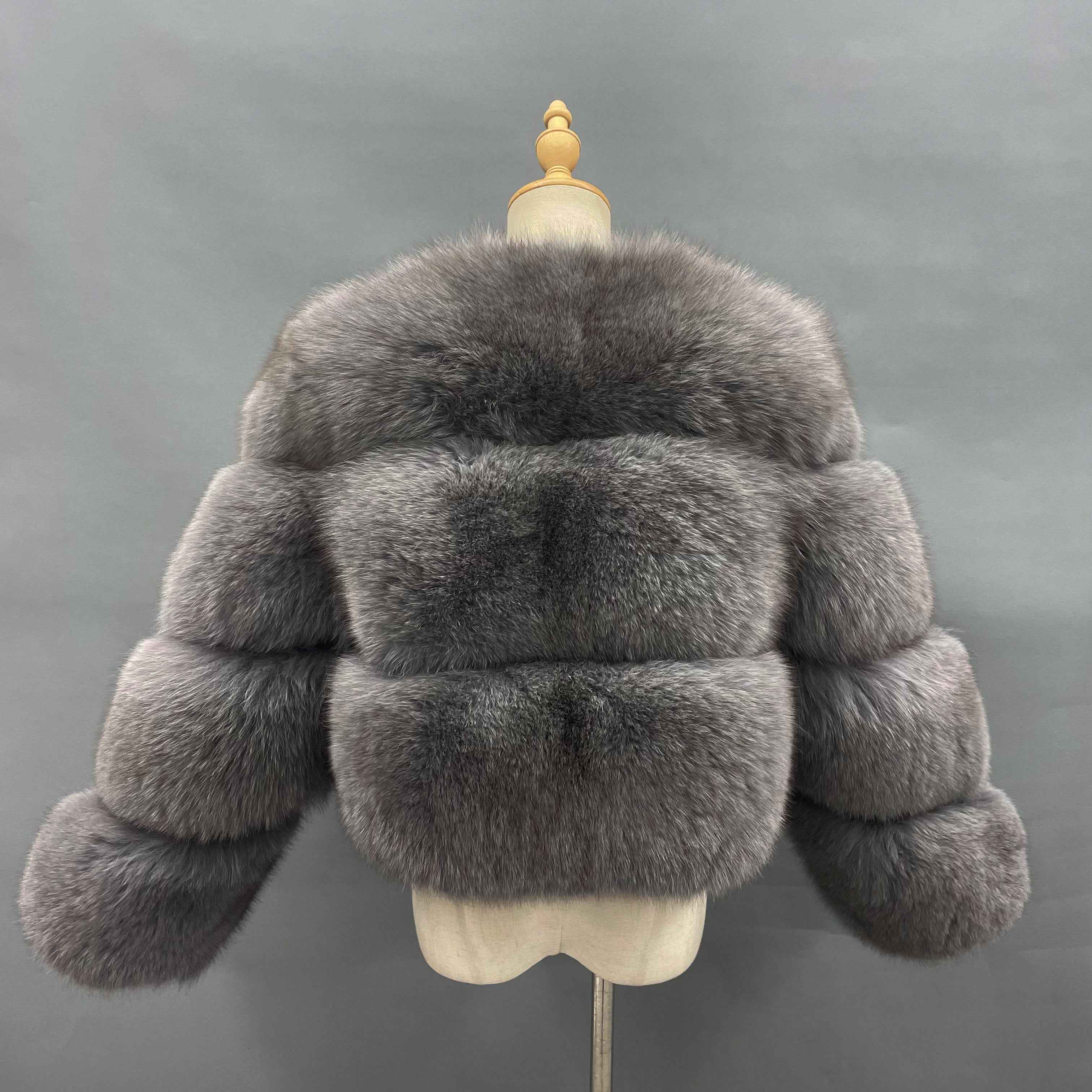 Women's Luxury Black Fox Fur Cropped Jacket - 3-Panel Small V-Neck Winter Fashion Warm Outerwear