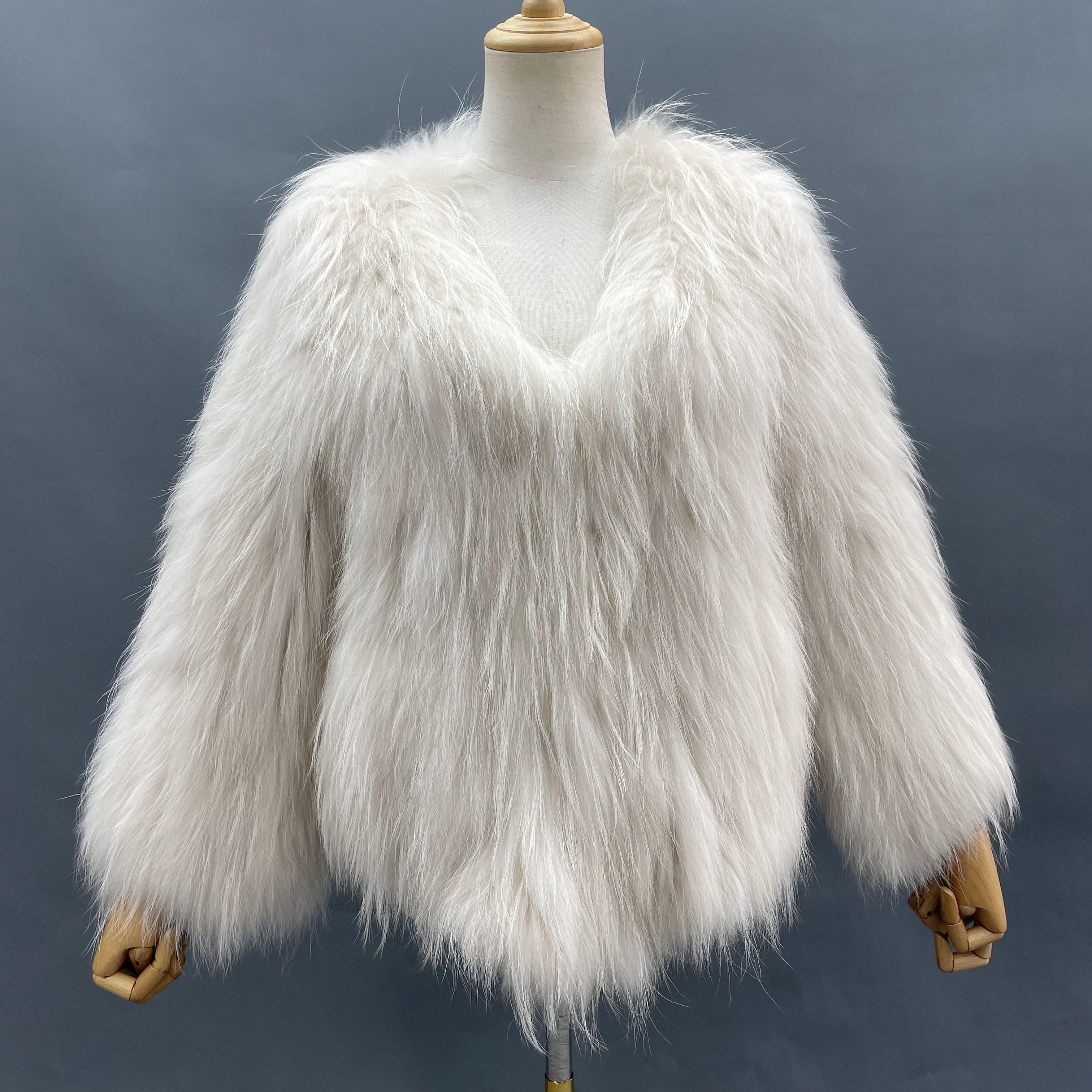 Women's Luxurious Raccoon Dog Fur Knitted Coat with V-Neck - Winter Fashion Outerwear