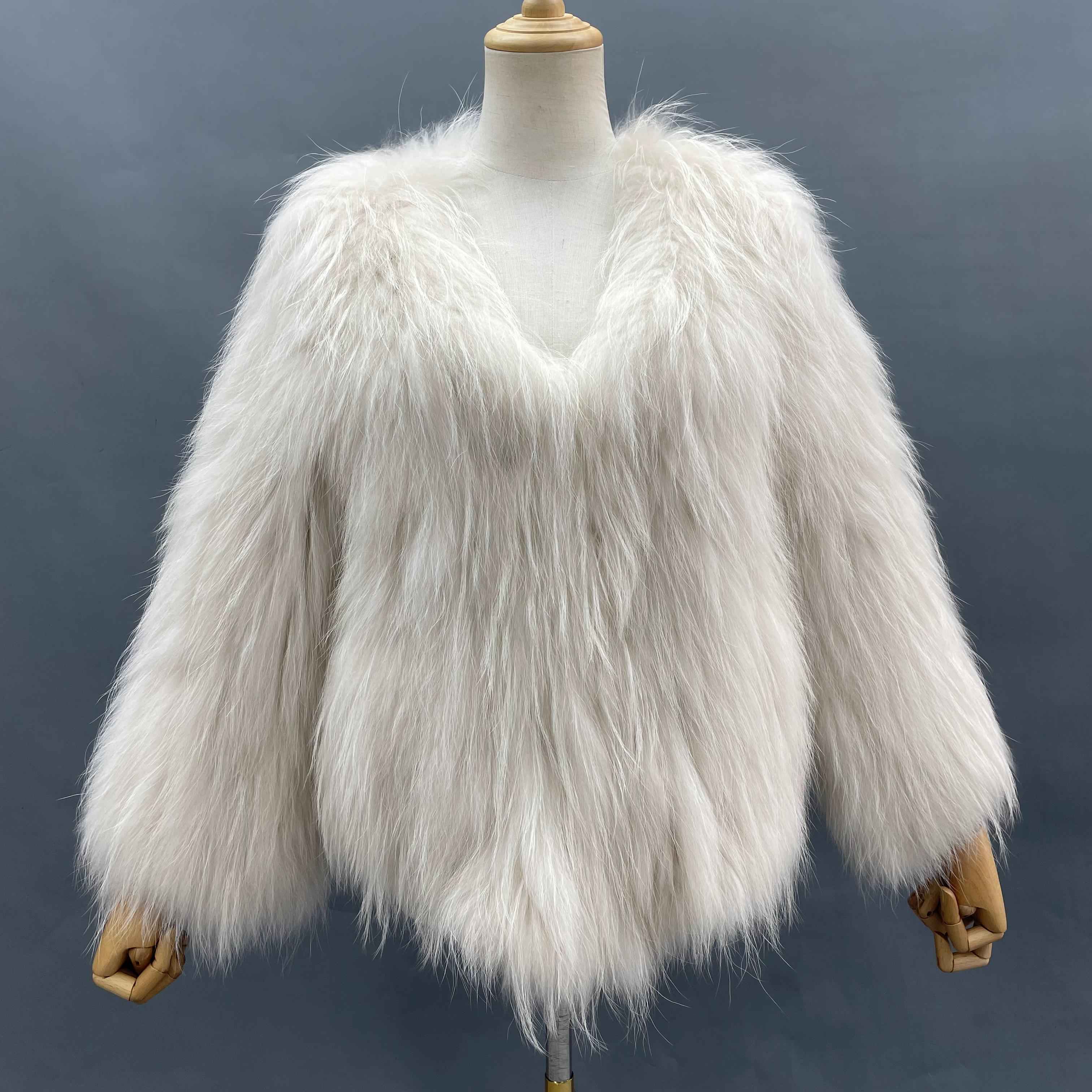 Women's Luxurious Raccoon Dog Fur Knitted Coat with V-Neck - Winter Fashion Outerwear