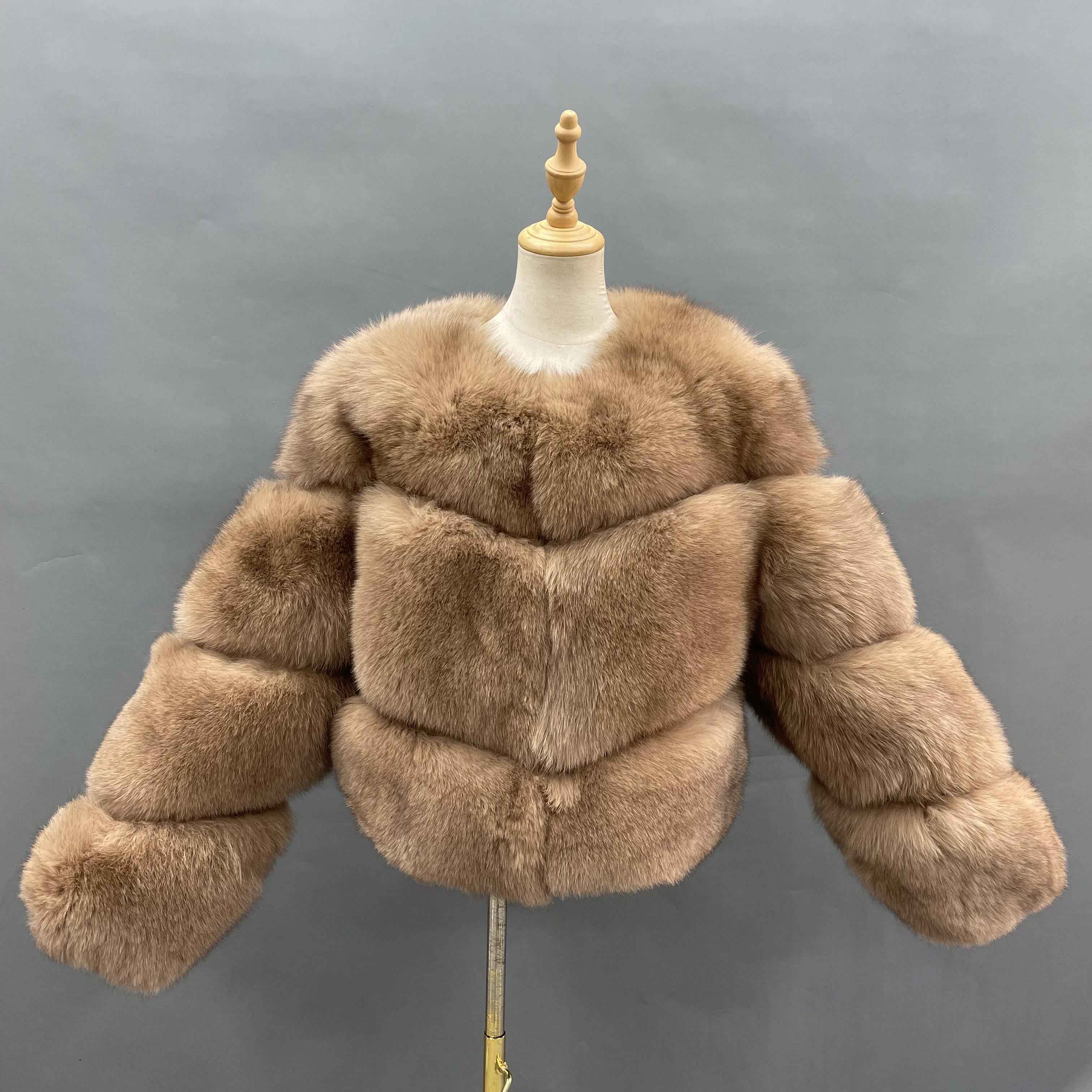 Women's Luxury Black Fox Fur Cropped Jacket - 3-Panel Small V-Neck Winter Fashion Warm Outerwear Camle