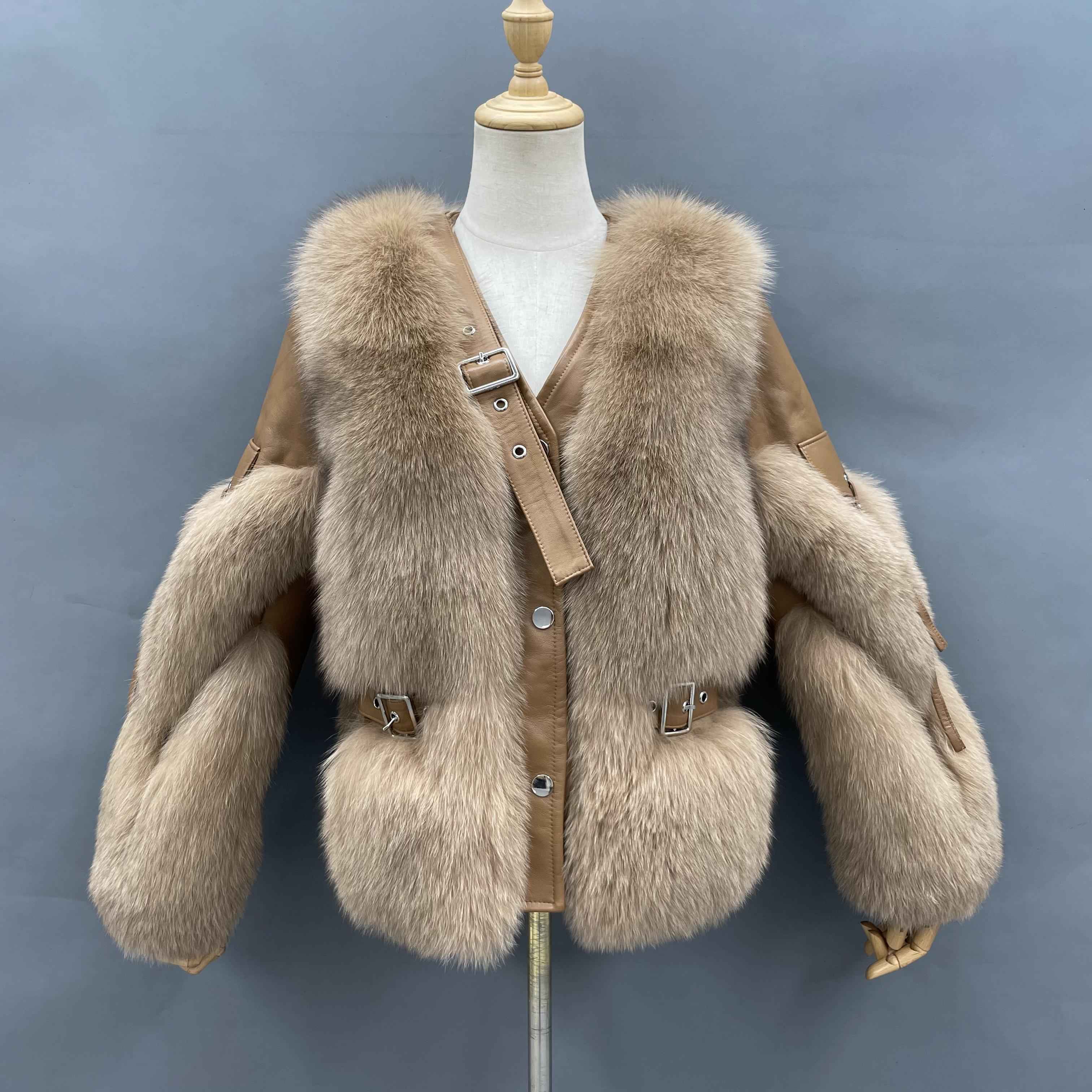 Women's Luxury Fox Fur V-Neck Cropped Jacket with Decorative Leather Strap & Leather Patchwork - Winter Fashion Warm Outerwear Camle