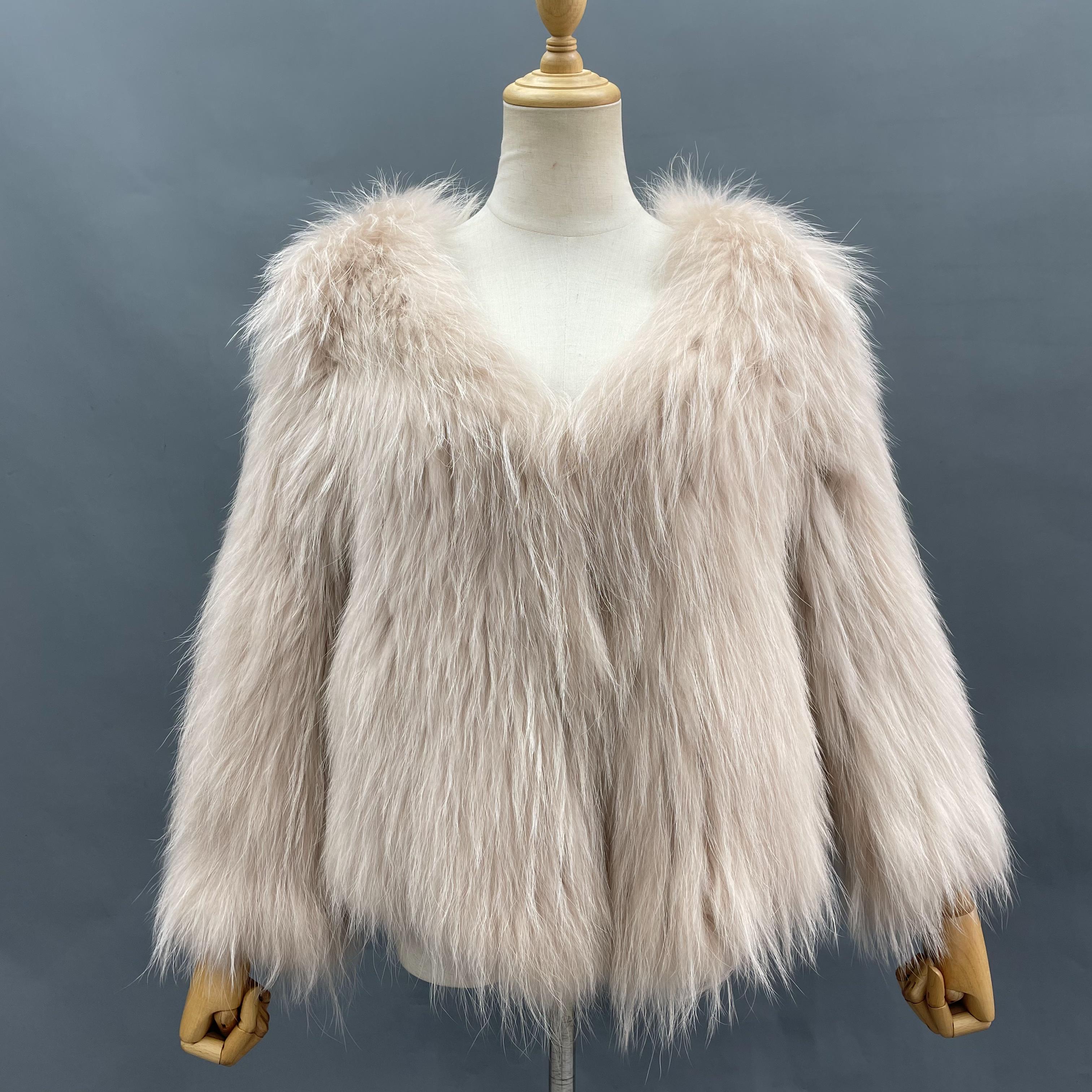 Women's Luxurious Raccoon Dog Fur Knitted Coat with V-Neck - Winter Fashion Outerwear