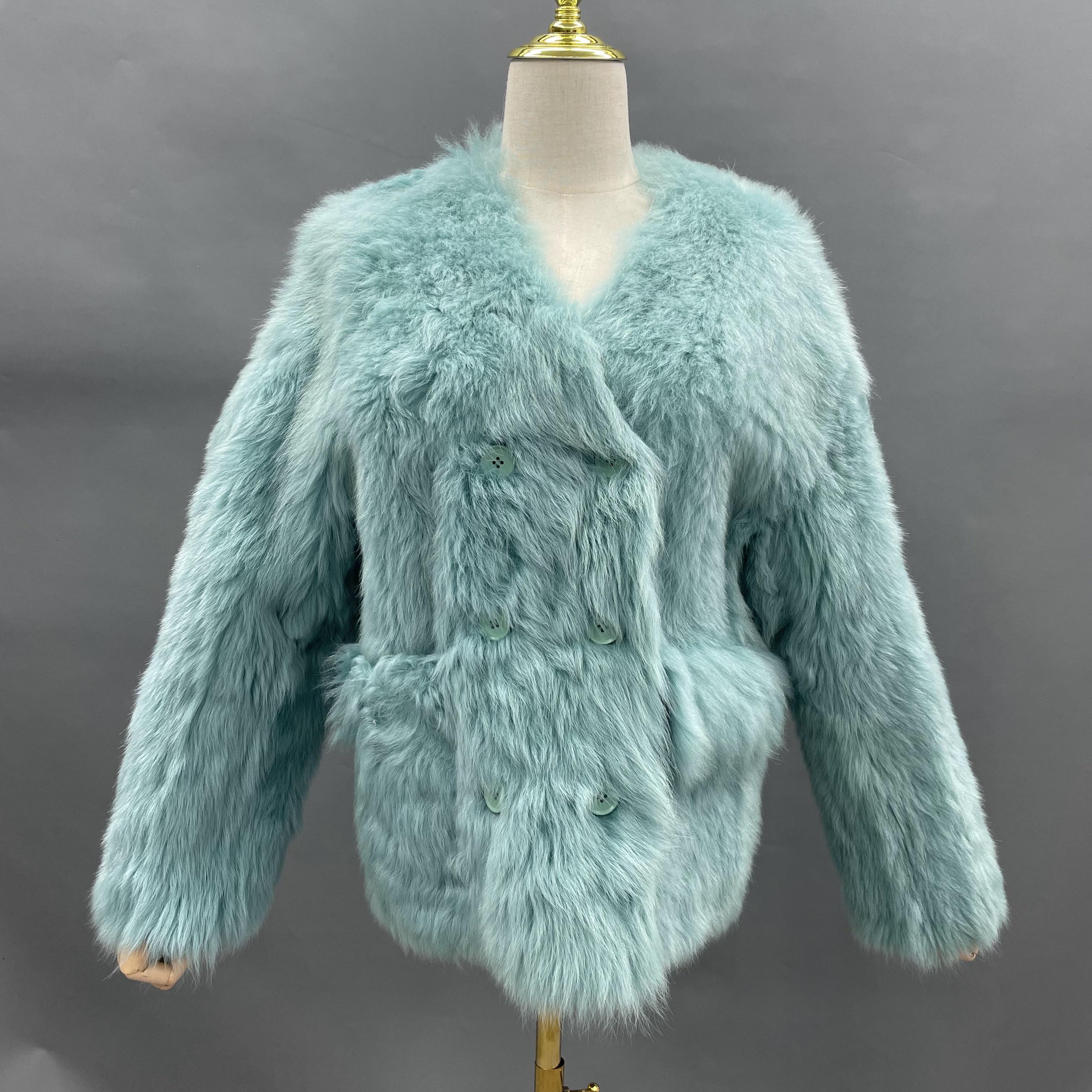 Women's Mint Green Shearling Jacket with V-Neck & Double-Breasted Design - Warm & Comfortable Winter Outerwear
