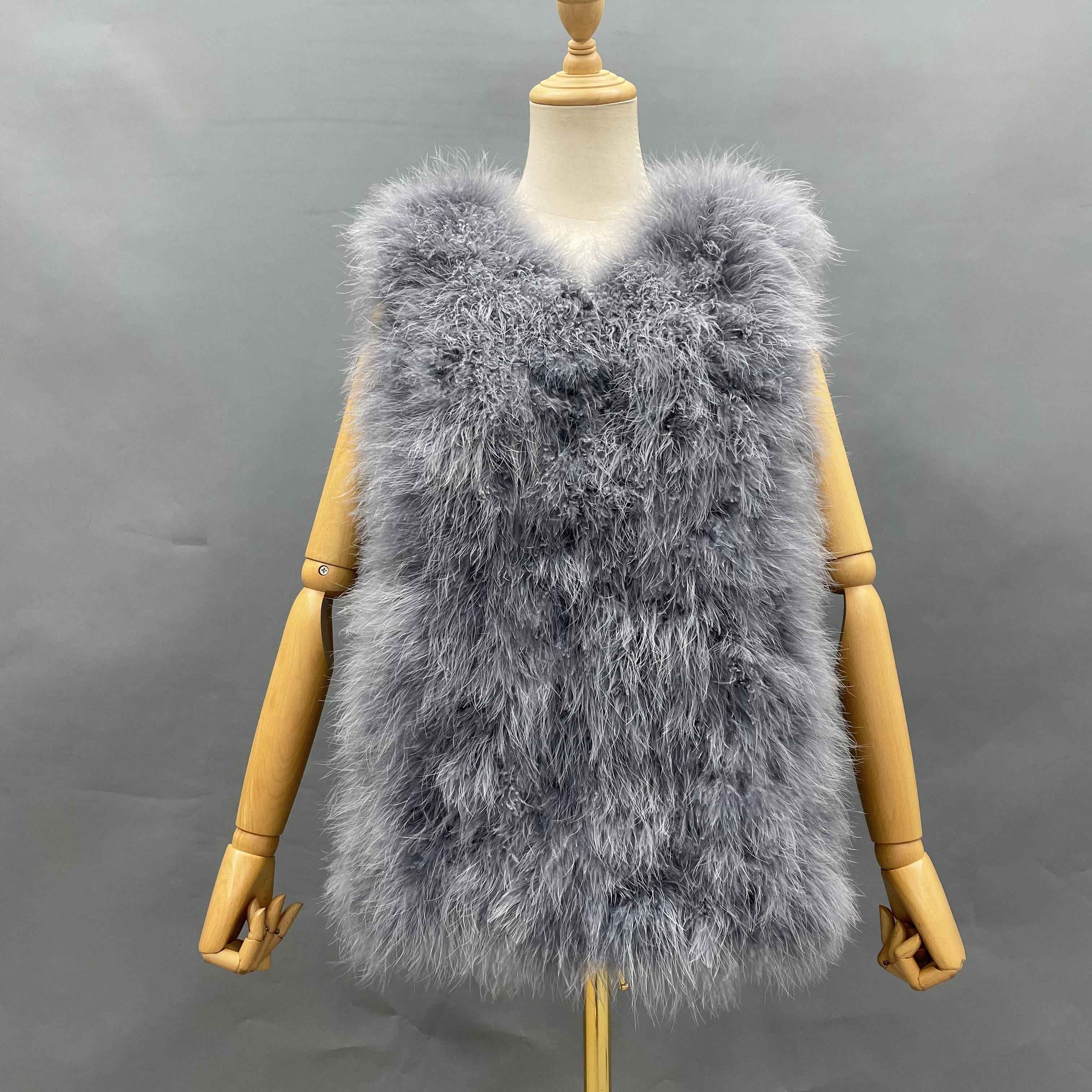Small V-Neck Solid Color Turkey Feather Vest - Glamorous Luxury Statement Outerwear for Party & Stylish Ensembles Grey