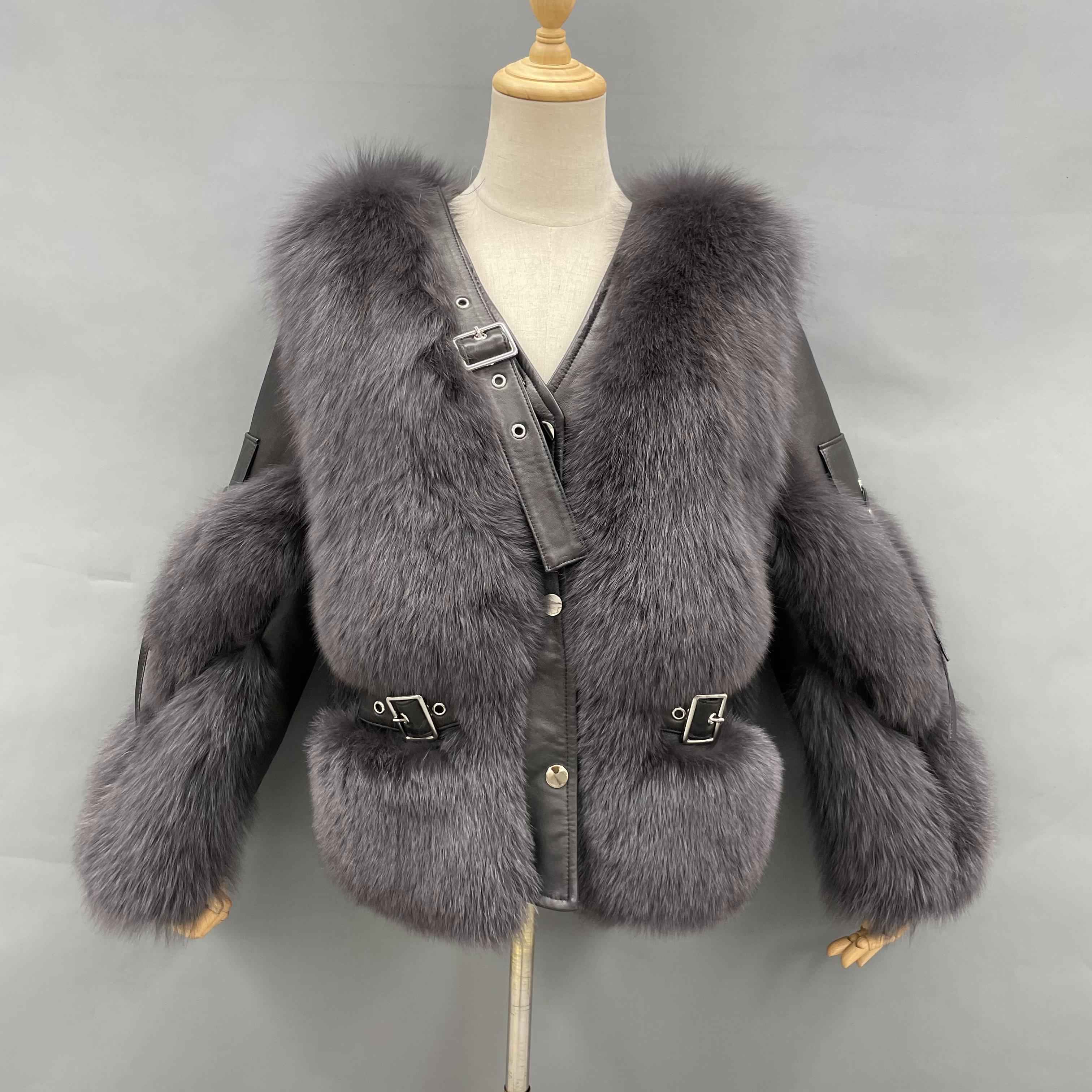 Women's Luxury Fox Fur V-Neck Cropped Jacket with Decorative Leather Strap & Leather Patchwork - Winter Fashion Warm Outerwear
