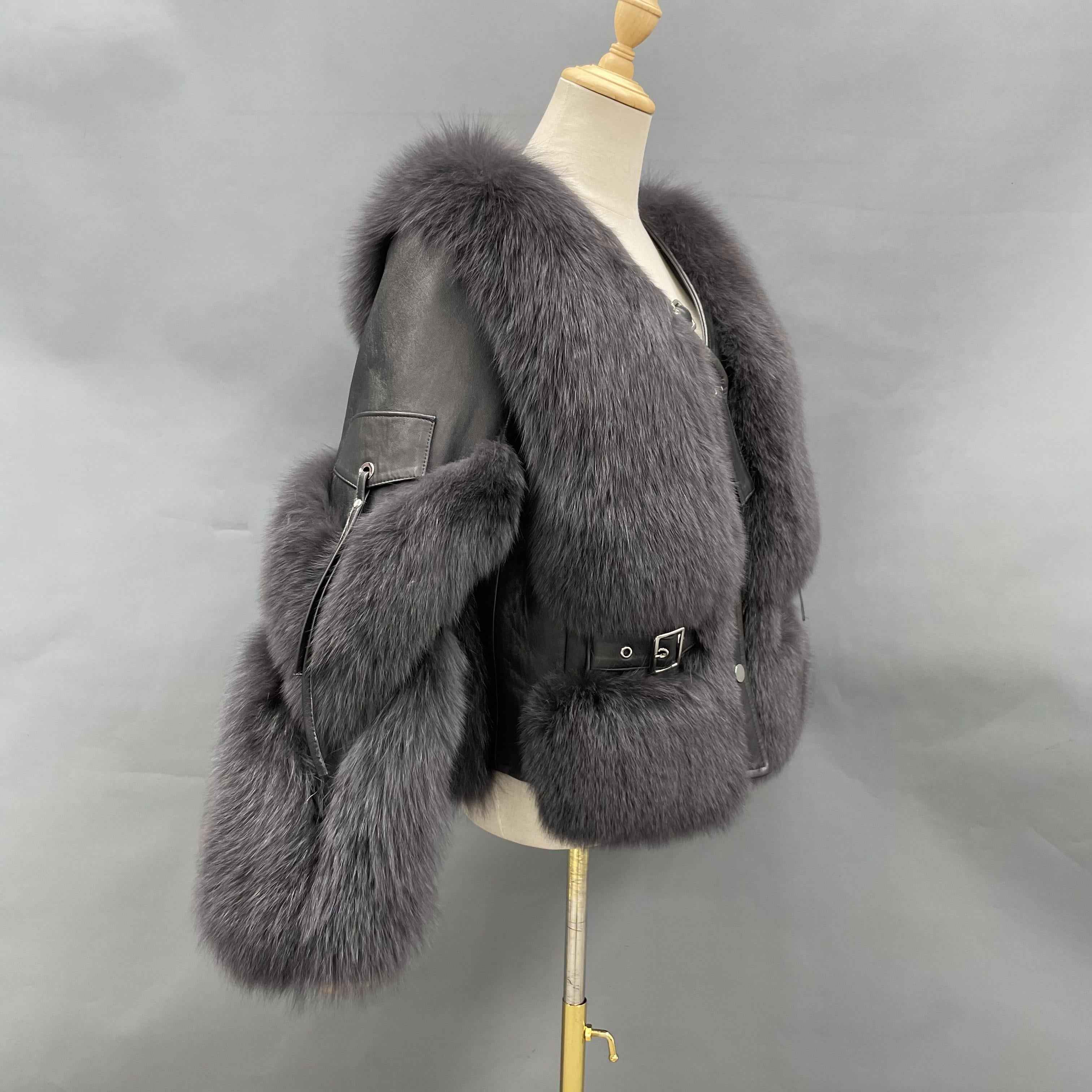Women's Luxury Fox Fur V-Neck Cropped Jacket with Decorative Leather Strap & Leather Patchwork - Winter Fashion Warm Outerwear