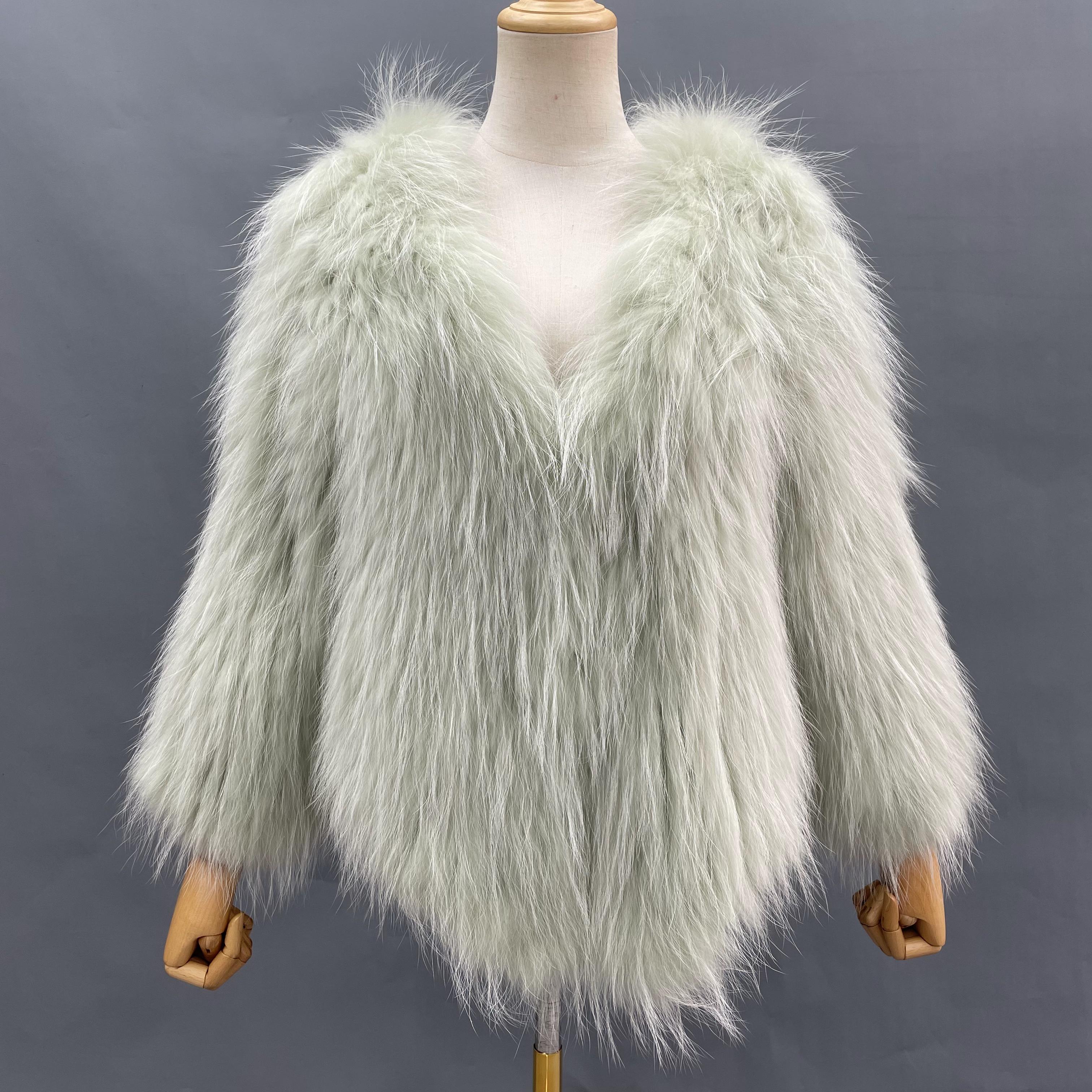 Women's Luxurious Raccoon Dog Fur Knitted Coat with V-Neck - Winter Fashion Outerwear
