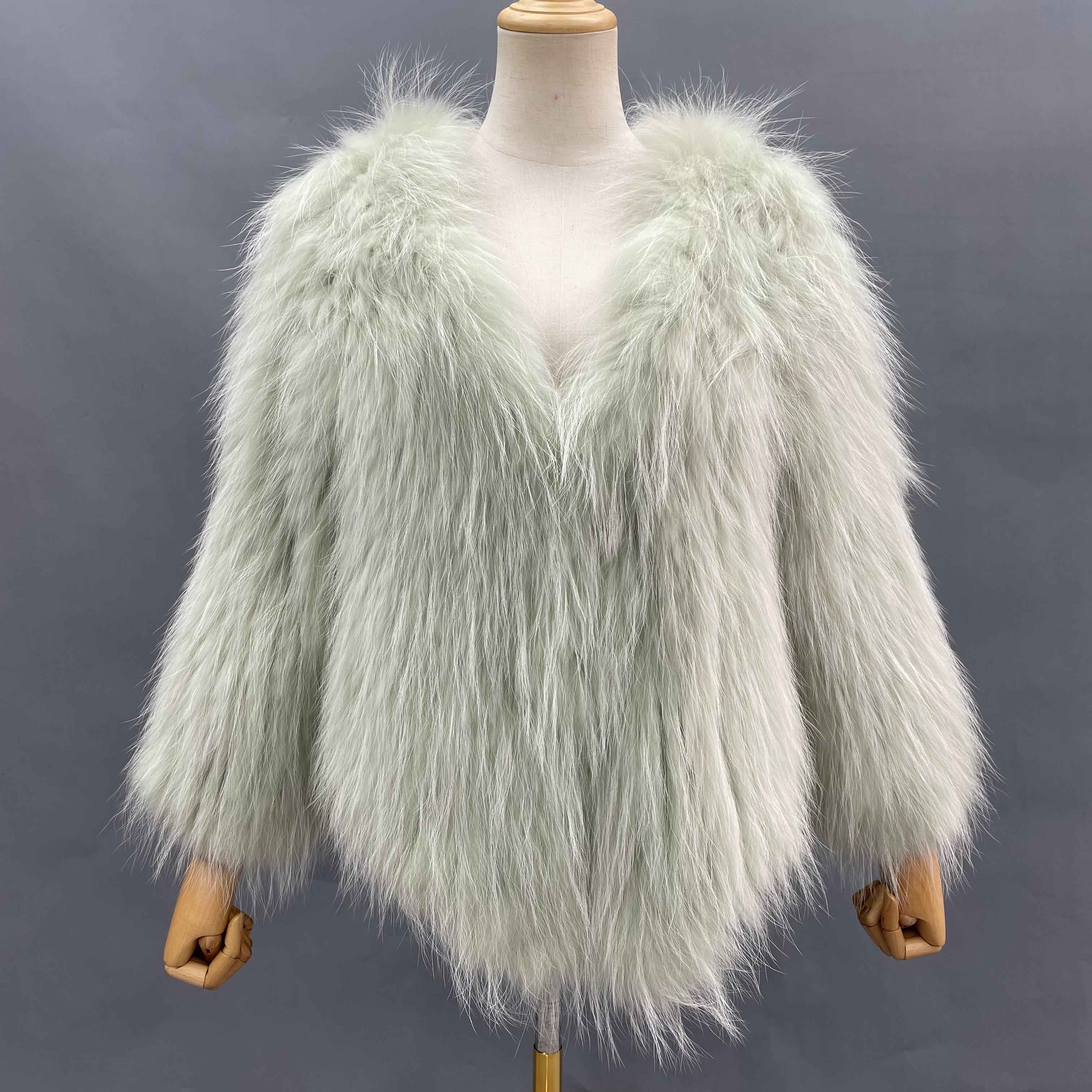 Women's Luxurious Raccoon Dog Fur Knitted Coat with V-Neck - Winter Fashion Outerwear