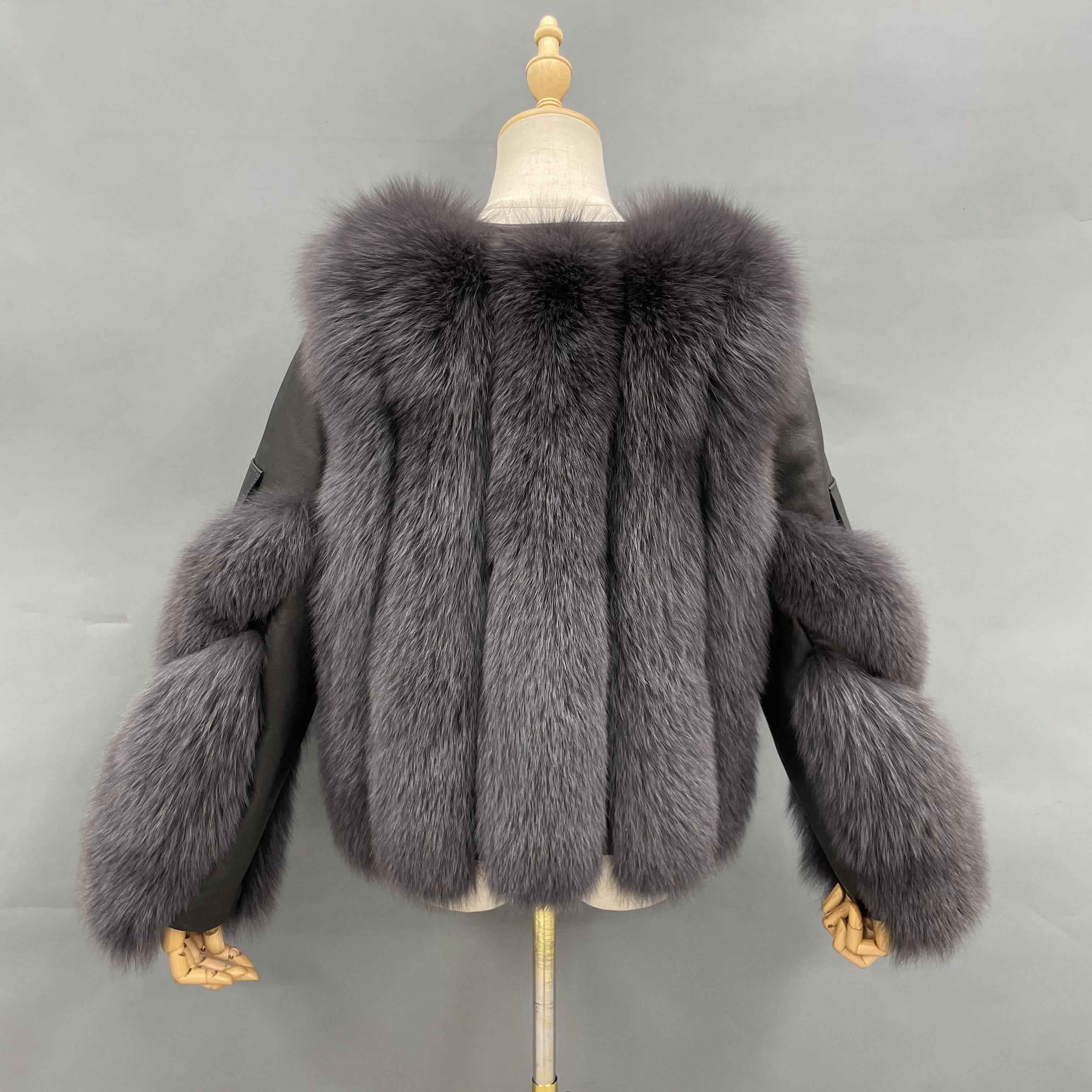 Women's Luxury Fox Fur V-Neck Cropped Jacket with Decorative Leather Strap & Leather Patchwork - Winter Fashion Warm Outerwear