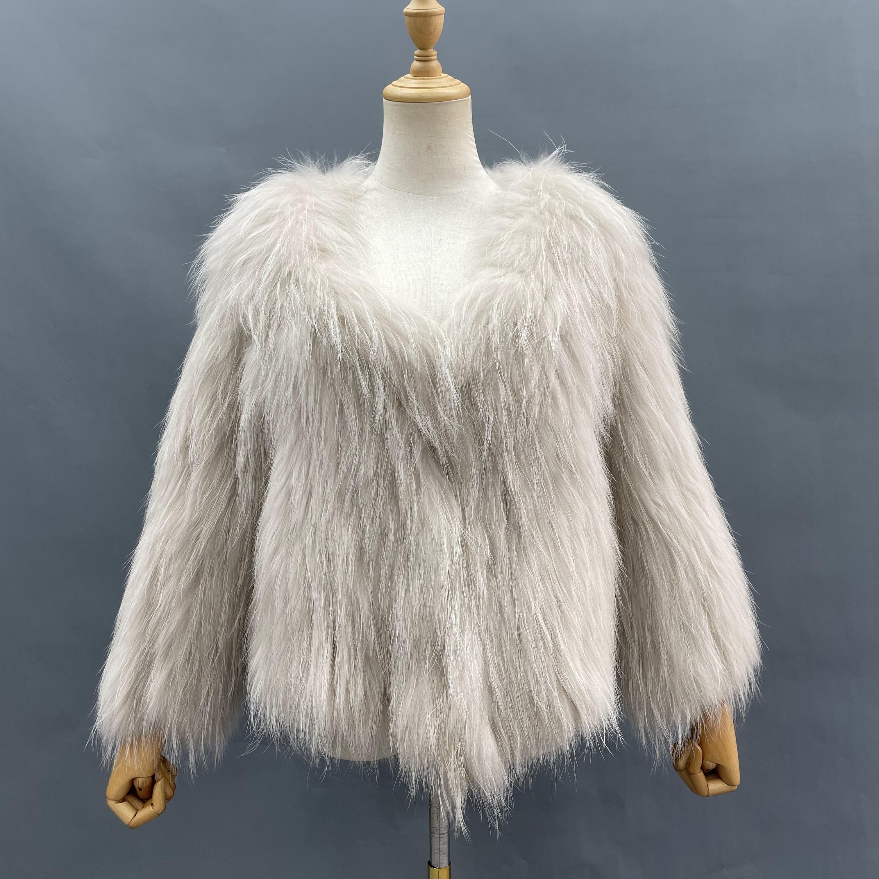 Women's Luxurious Raccoon Dog Fur Knitted Coat with V-Neck - Winter Fashion Outerwear