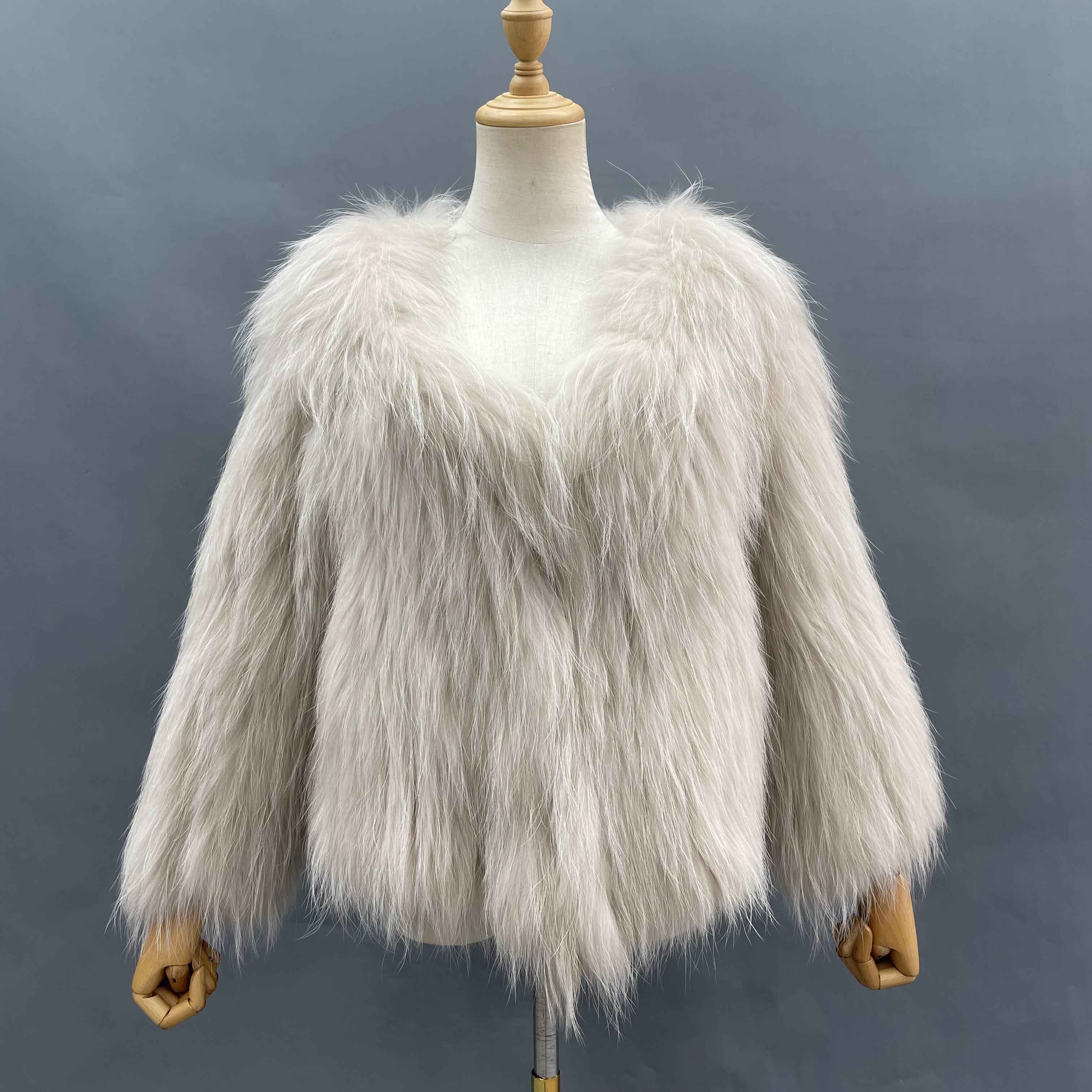 Women's Luxurious Raccoon Dog Fur Knitted Coat with V-Neck - Winter Fashion Outerwear