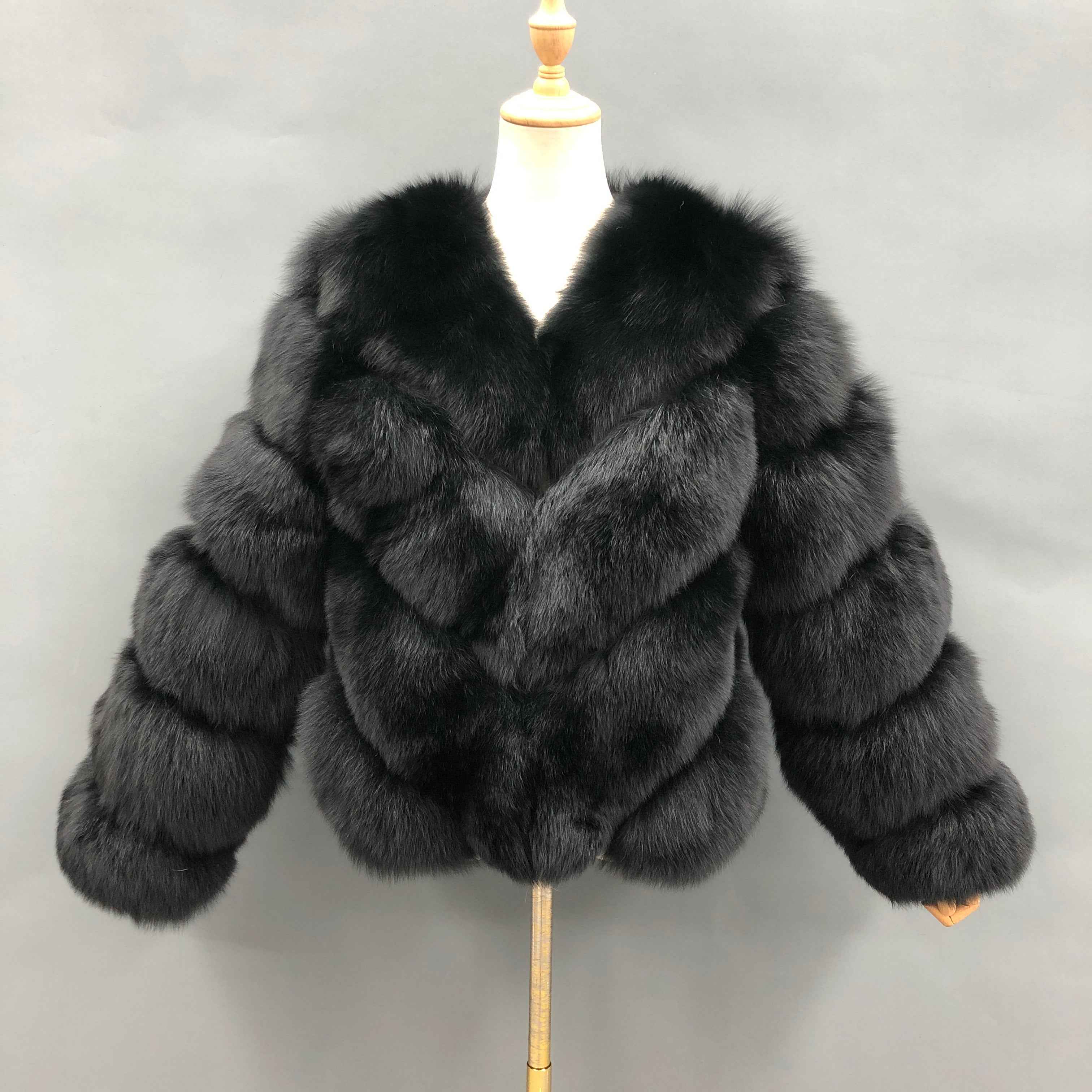 Women's Luxury Fox Fur Cropped Jacket - Chevron Stripe V-Neck with 4-Panel Design Winter Fashion Warm Outerwear