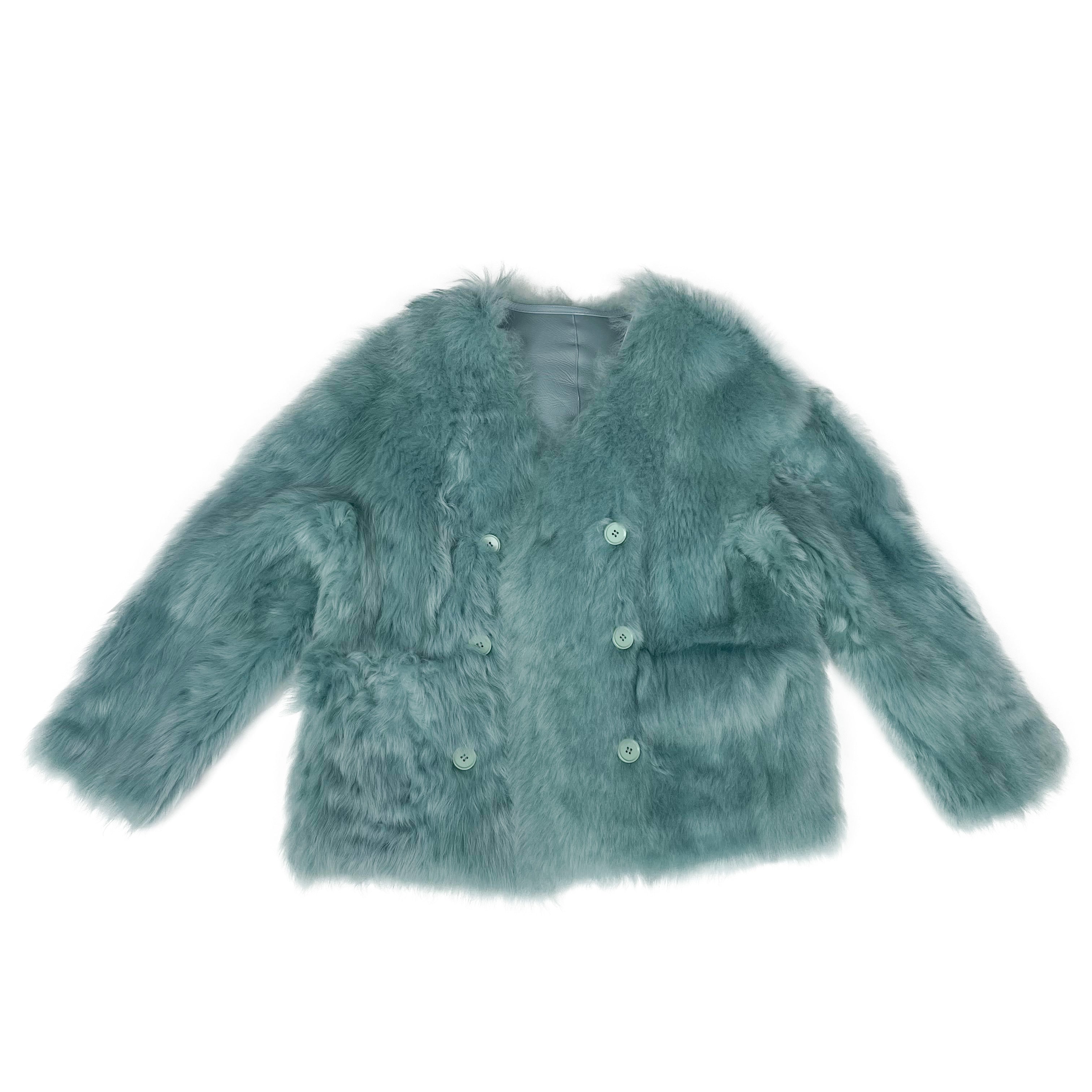Women's Mint Green Shearling Jacket with V-Neck & Double-Breasted Design - Warm & Comfortable Winter Outerwear
