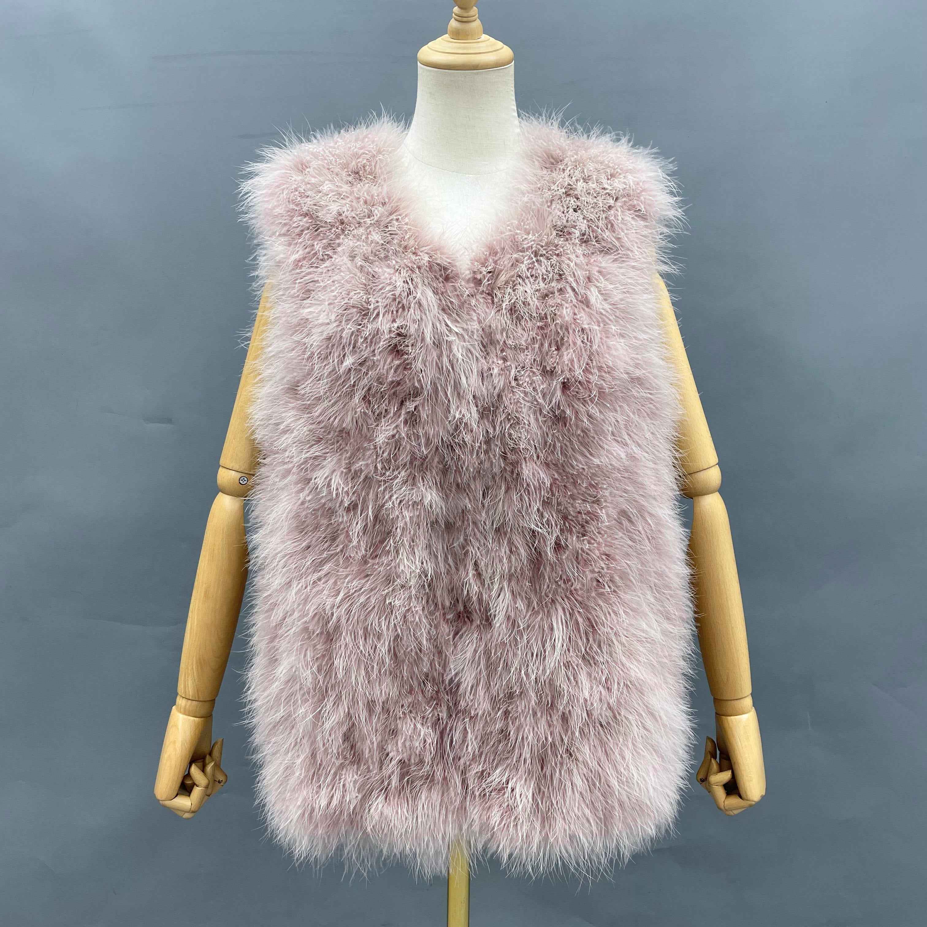 Small V-Neck Solid Color Turkey Feather Vest - Glamorous Luxury Statement Outerwear for Party & Stylish Ensembles Pink