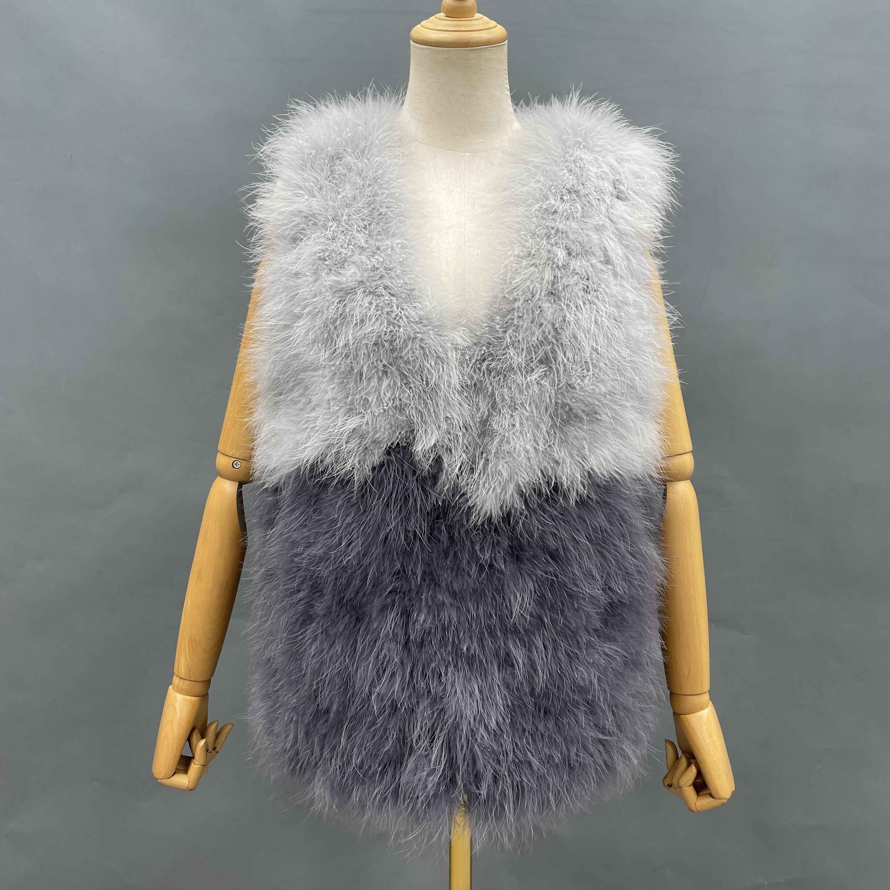 Color-Blocked V-Neck Turkey Feather Vest - Glamorous Statement Outerwear for Party & Evening Occasions