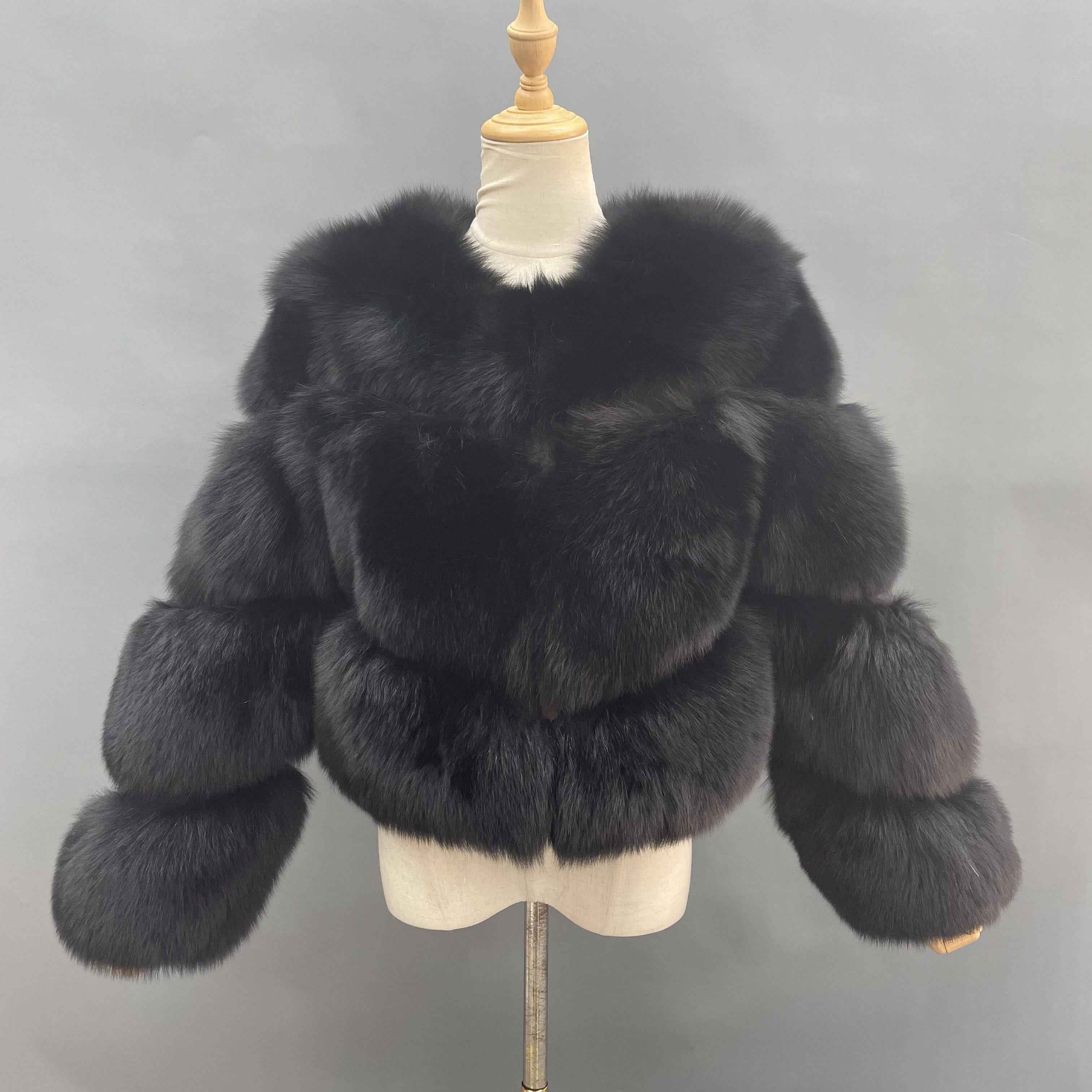 Women's Luxury Black Fox Fur Cropped Jacket - 3-Panel Small V-Neck Winter Fashion Warm Outerwear