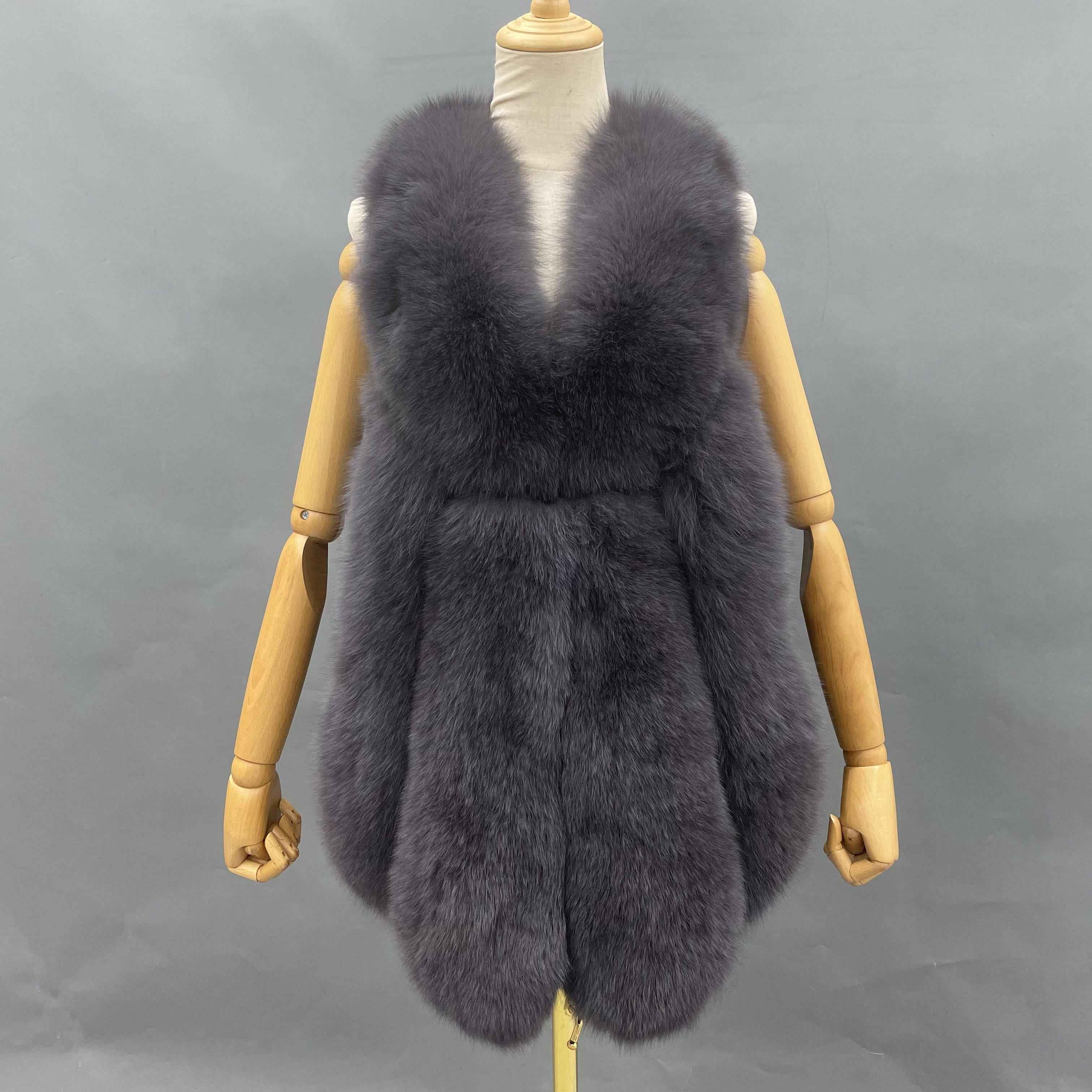 Women's New Arrival Vertical Panel V-Neck Fox Fur Vest - Luxury Spliced Outerwear