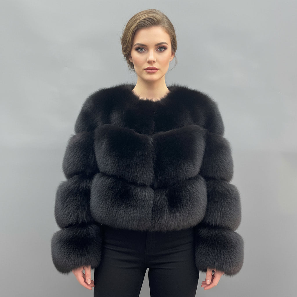 Women's Luxury Black Fox Fur Cropped Jacket - 3-Panel Small V-Neck Winter Fashion Warm Outerwear Black