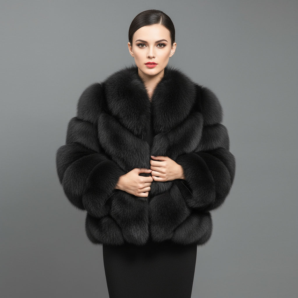 Women's Luxury Fox Fur Cropped Jacket - Chevron Stripe V-Neck with 4-Panel Design Winter Fashion Warm Outerwear Black