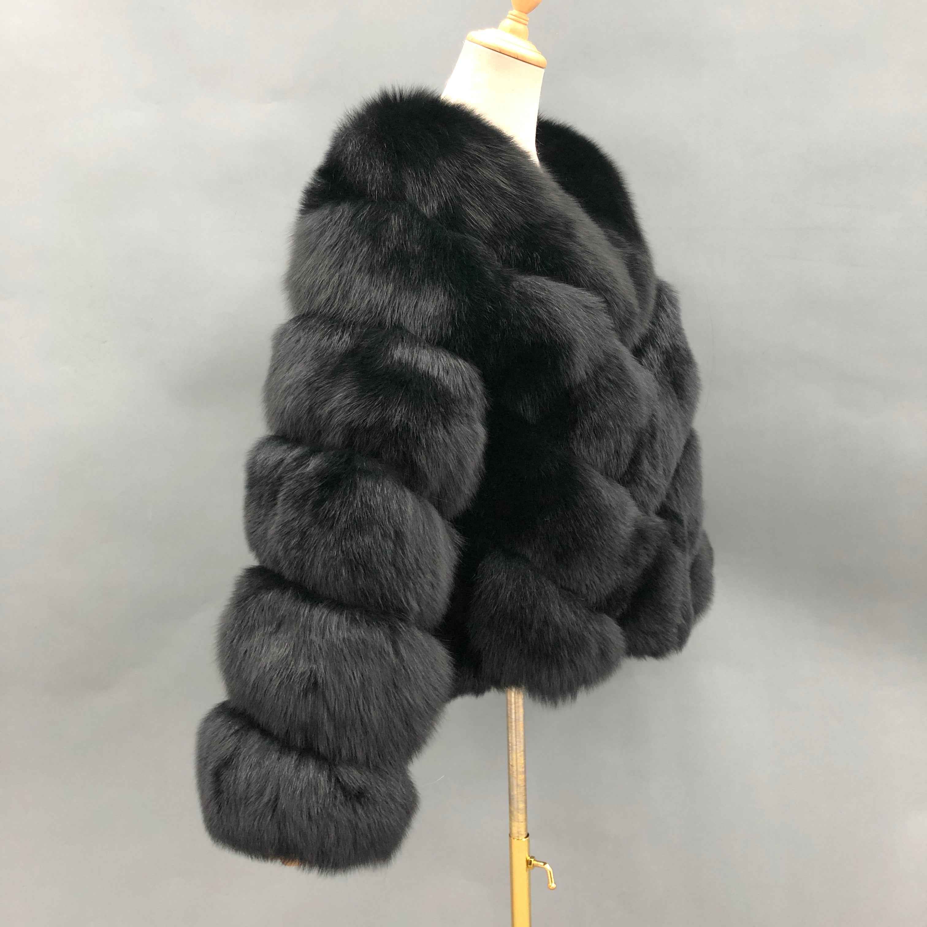 Women's Luxury Fox Fur Cropped Jacket - Chevron Stripe V-Neck with 4-Panel Design Winter Fashion Warm Outerwear