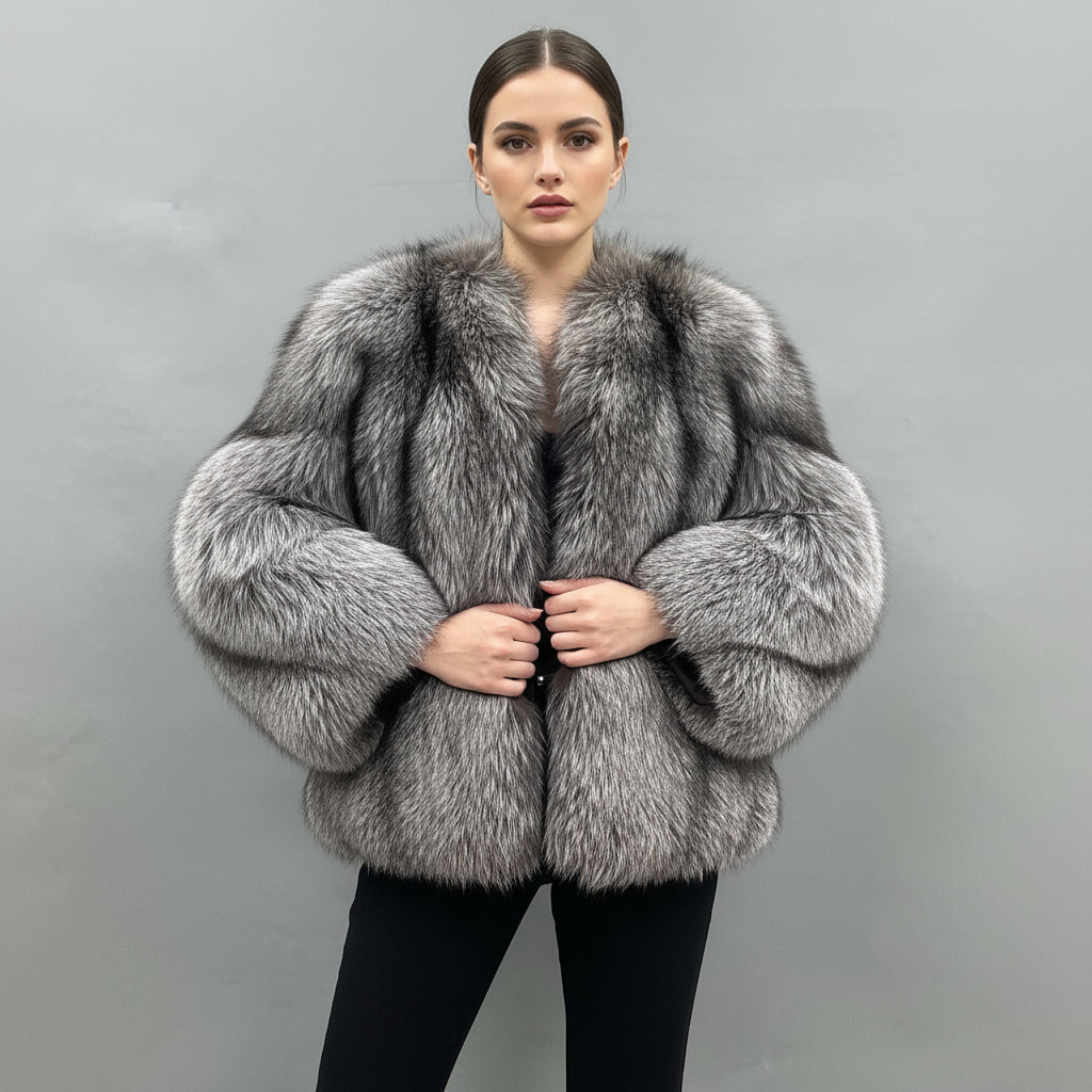 Women's Luxury Full-Skin Blue Fox Fur Cropped Jacket - Winter Fashion Warm Statement Outerwear