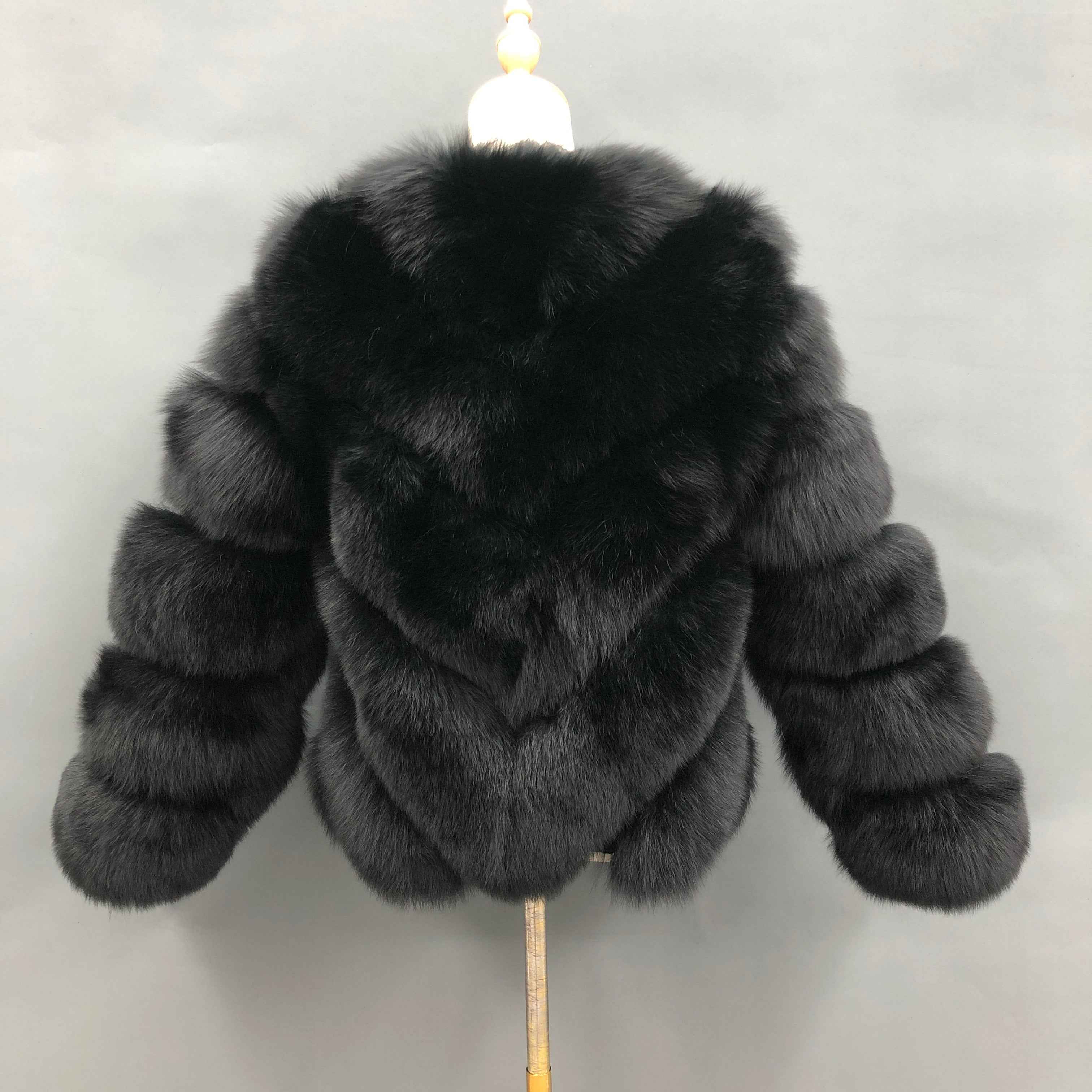 Women's Luxury Fox Fur Cropped Jacket - Chevron Stripe V-Neck with 4-Panel Design Winter Fashion Warm Outerwear