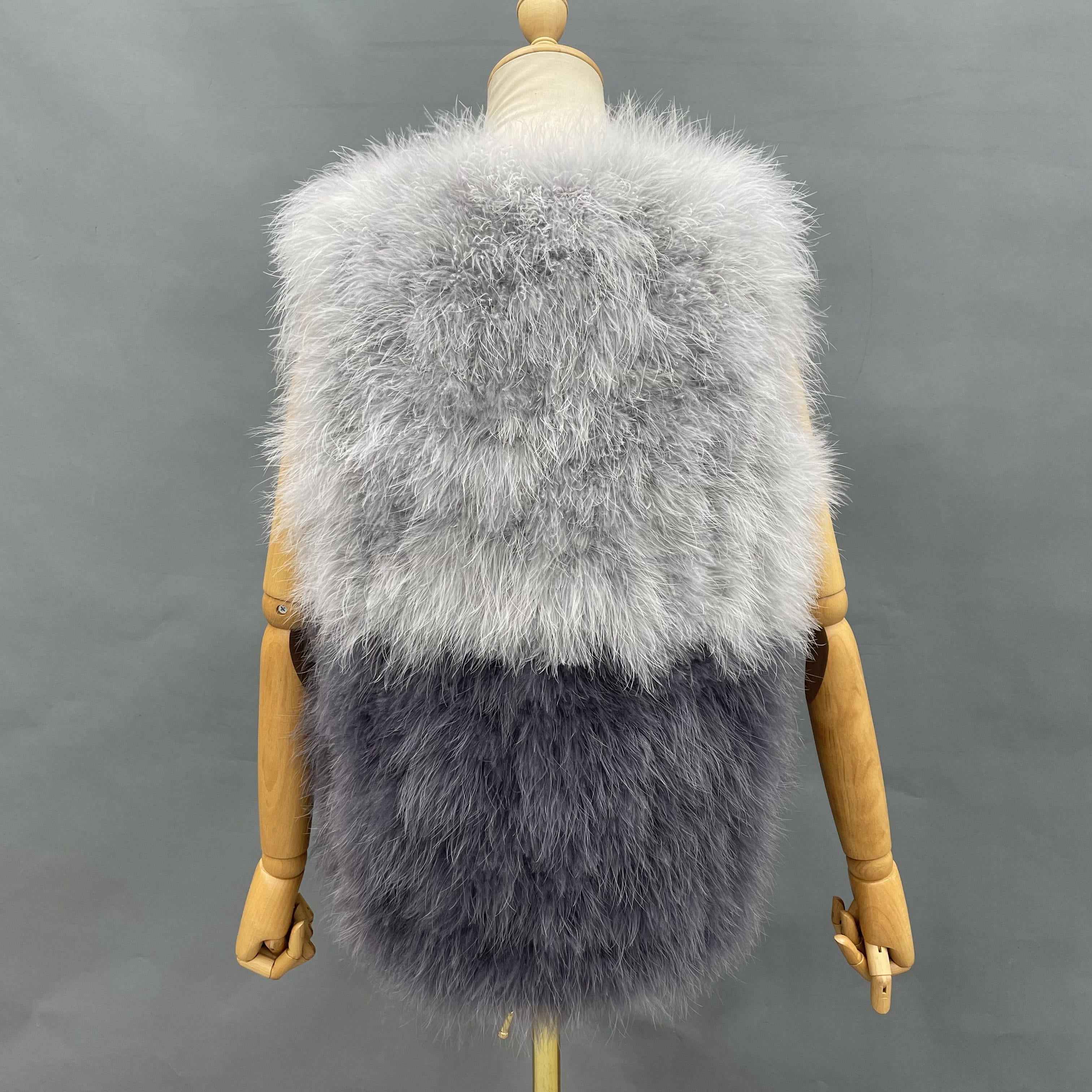 Color-Blocked V-Neck Turkey Feather Vest - Glamorous Statement Outerwear for Party & Evening Occasions