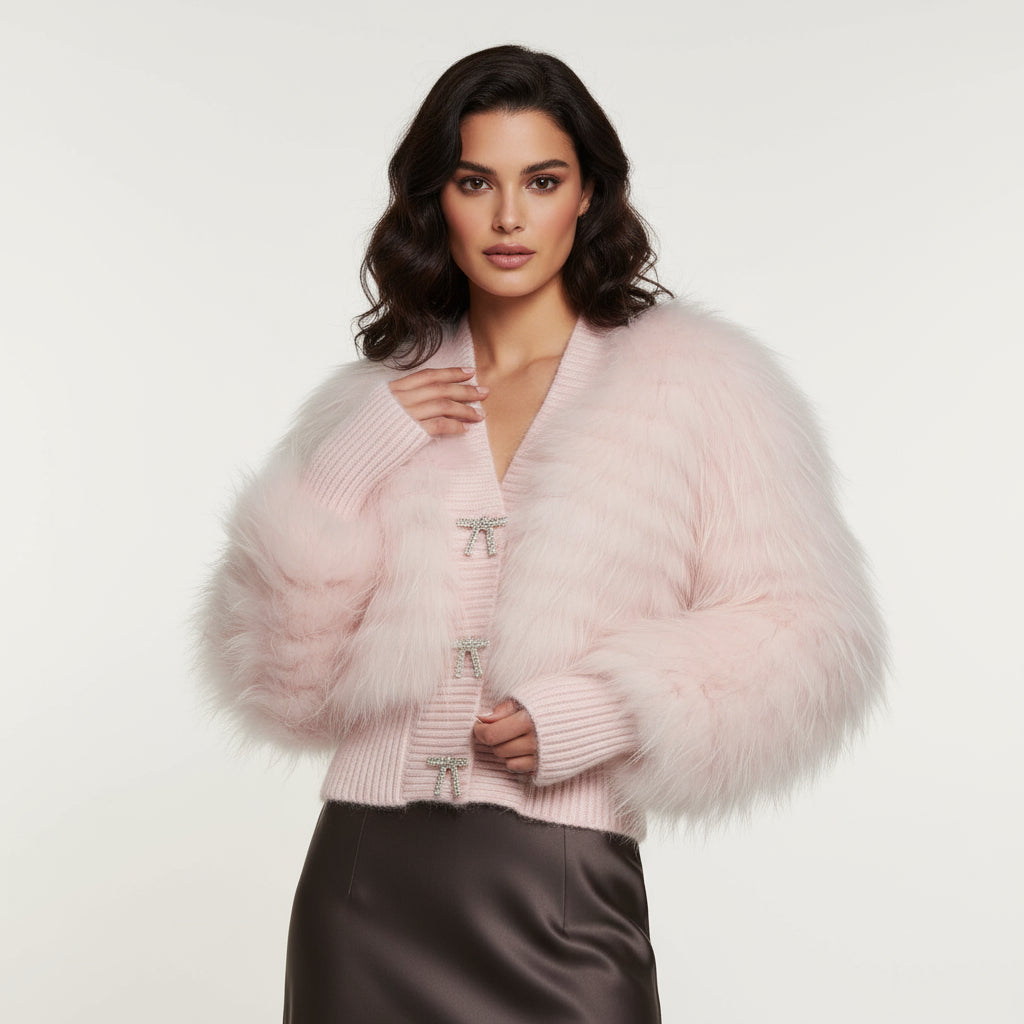 Women's Edgy Pink Raccoon Fur Striped Jacket - V-Neck Knitted Hem Fashion Outerwear Pink F-CHEST 100