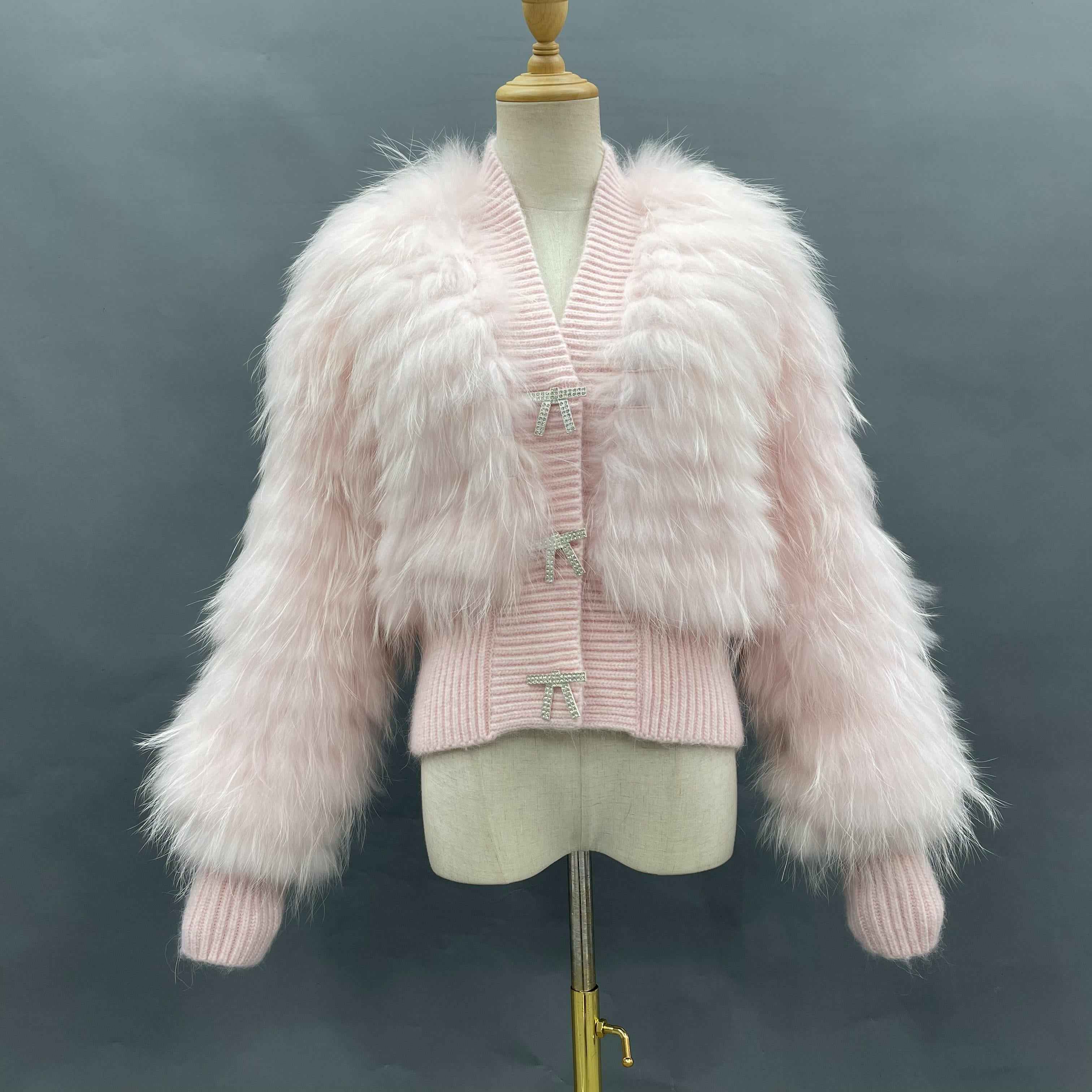Women's Edgy Pink Raccoon Fur Striped Jacket - V-Neck Knitted Hem Fashion Outerwear