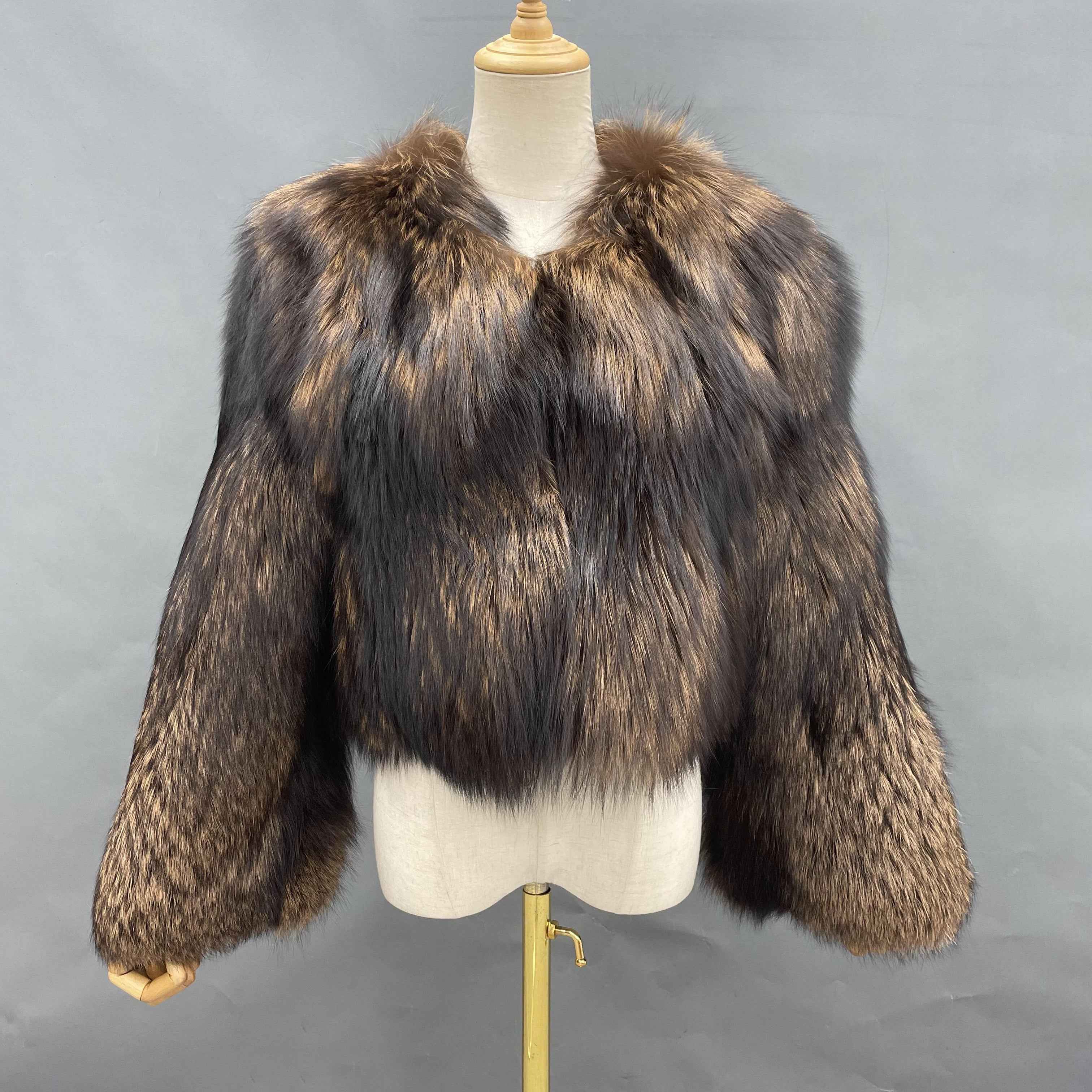 Women's Luxury Full-Skin Fox Fur Cropped Jacket - Textured Design Winter Fashion Elegant Warm Outerwear Coffee