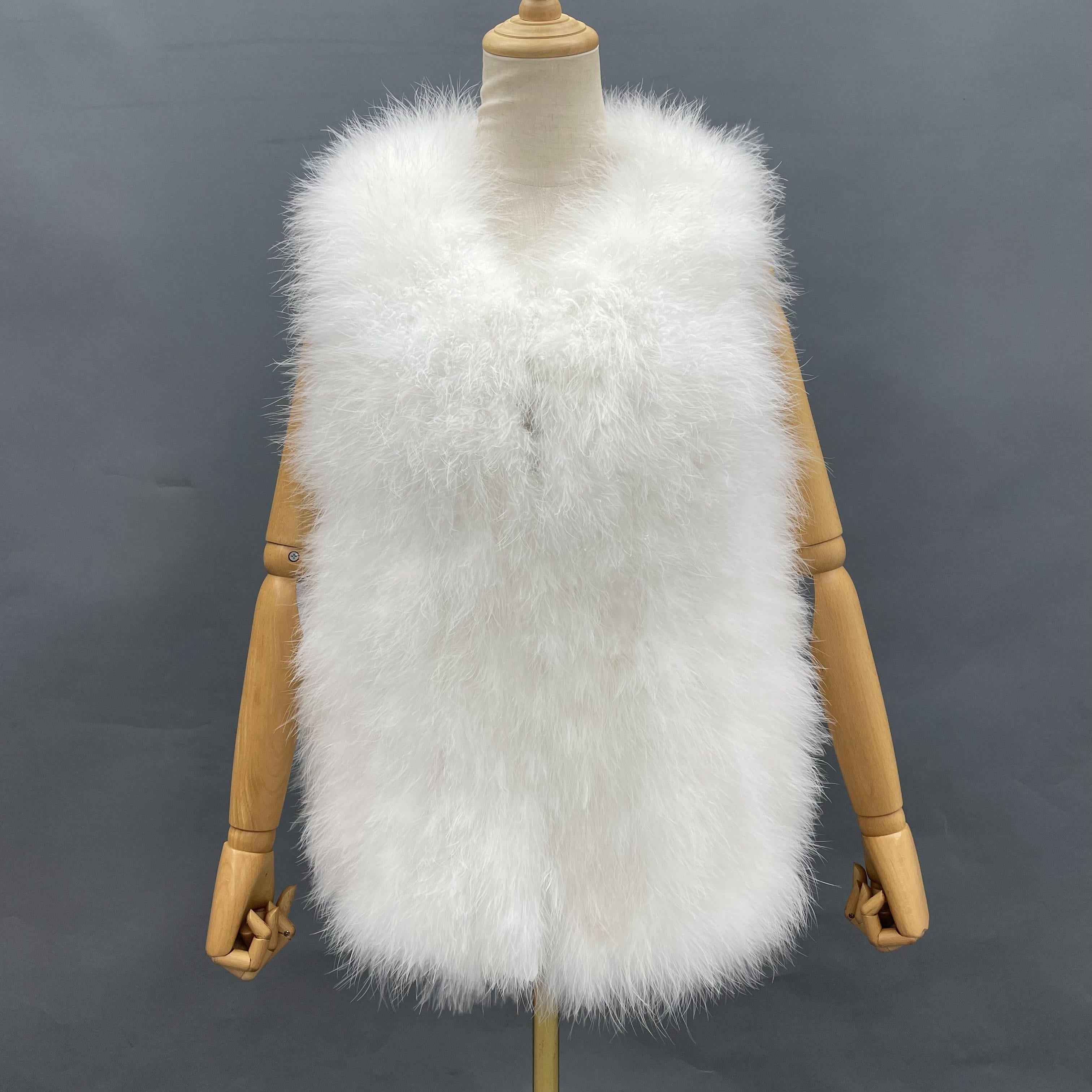 Small V-Neck Solid Color Turkey Feather Vest - Glamorous Luxury Statement Outerwear for Party & Stylish Ensembles White