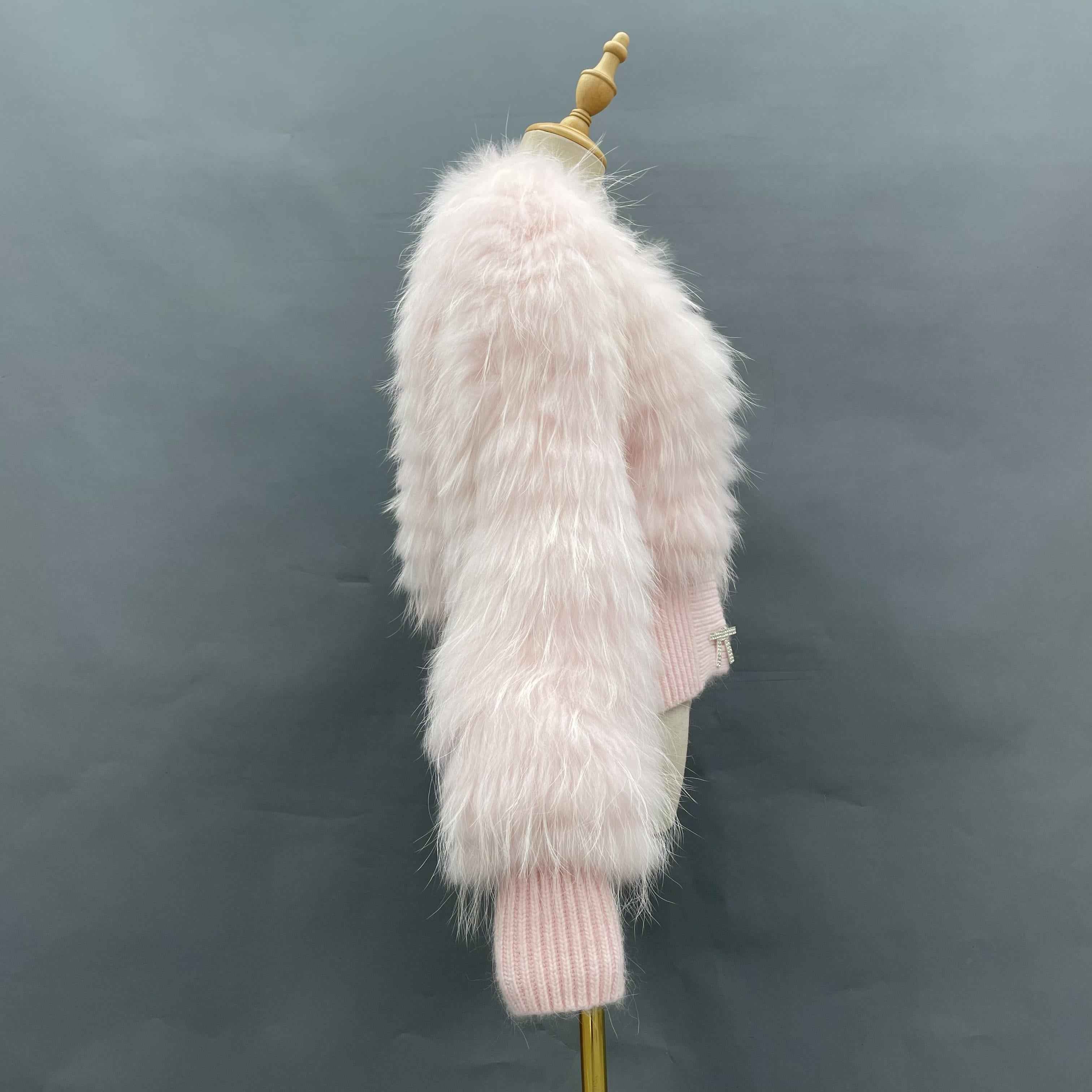 Women's Edgy Pink Raccoon Fur Striped Jacket - V-Neck Knitted Hem Fashion Outerwear