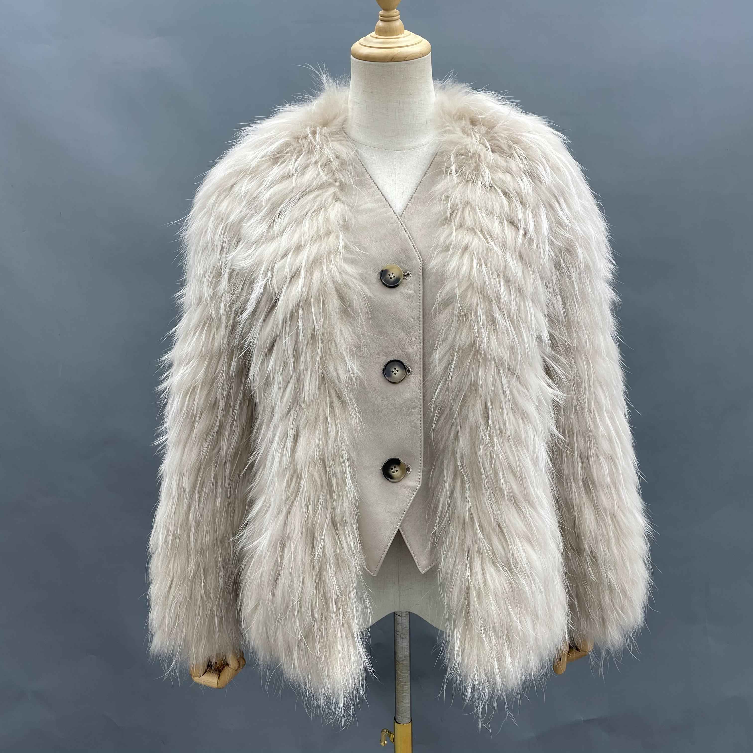 Women's Chic Raccoon Fur & Leather Patchwork Jacket - V-Neck Button Closure Daily Fashion Outerwear