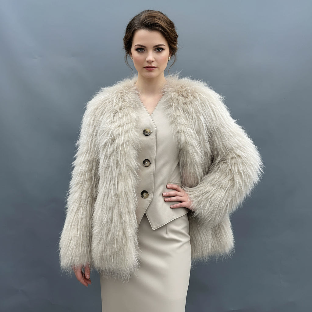 Women's Chic Raccoon Fur & Leather Patchwork Jacket - V-Neck Button Closure Daily Fashion Outerwear Beige F-CHEST 96