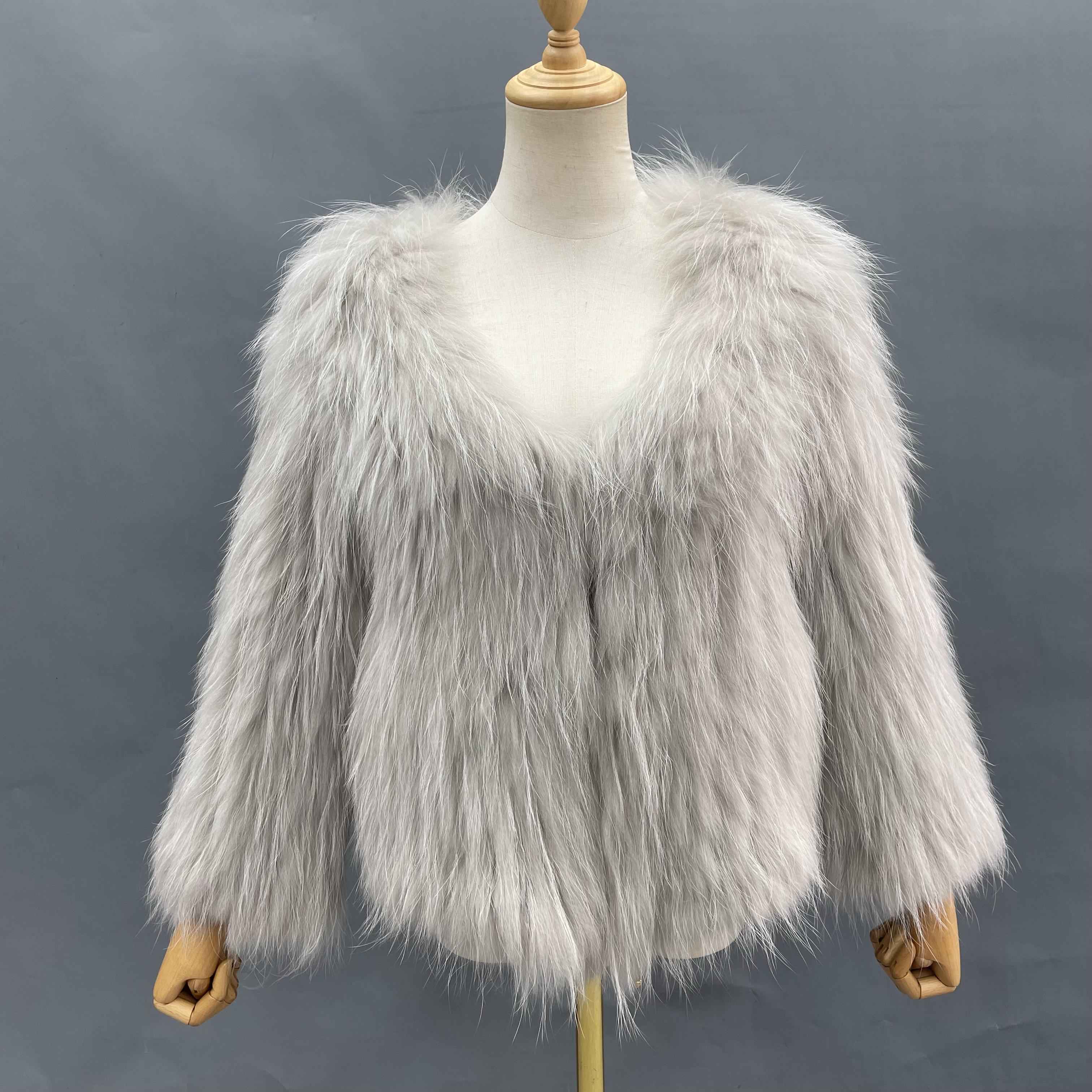 Women's Luxurious Raccoon Dog Fur Knitted Coat with V-Neck - Winter Fashion Outerwear