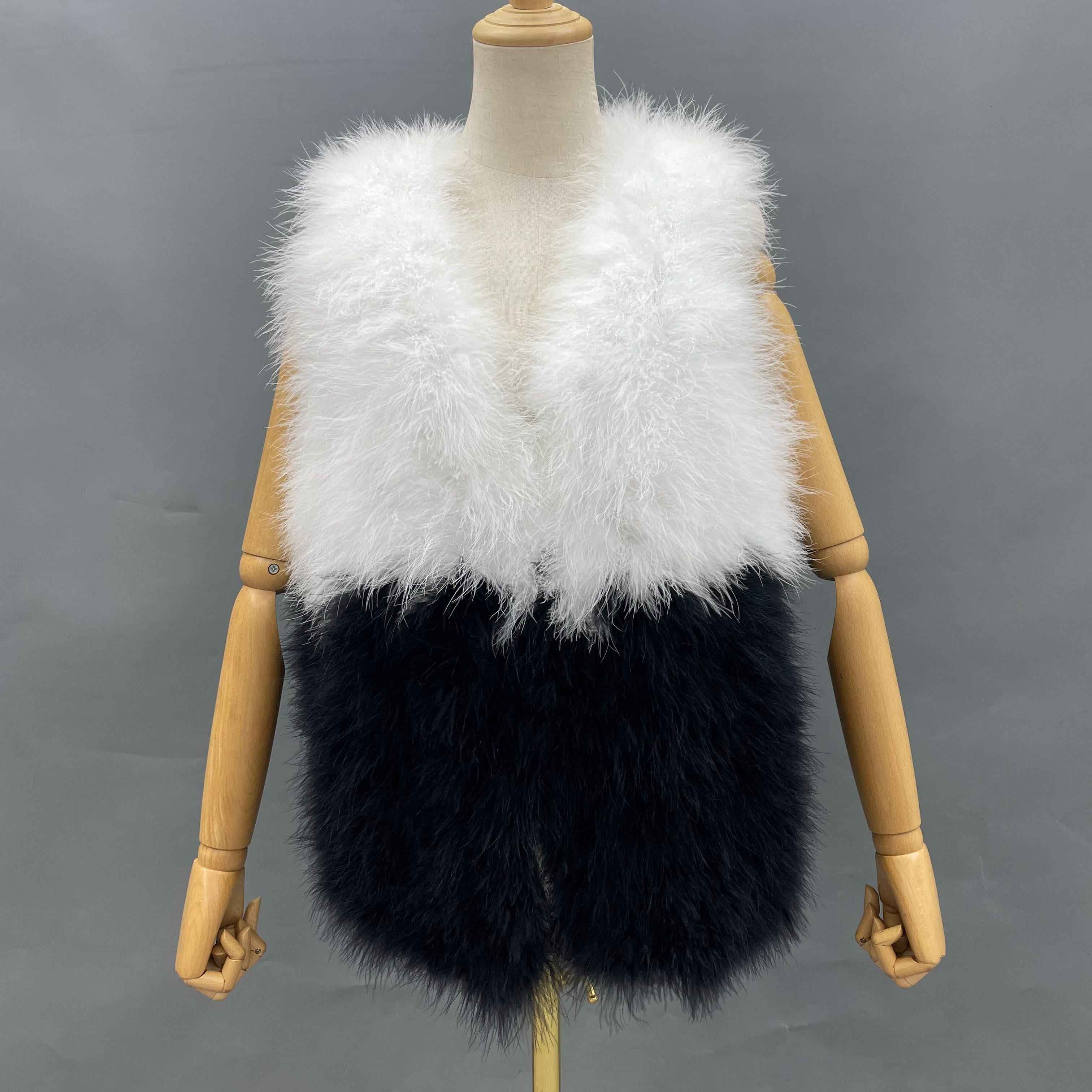 Color-Blocked V-Neck Turkey Feather Vest - Glamorous Statement Outerwear for Party & Evening Occasions Black